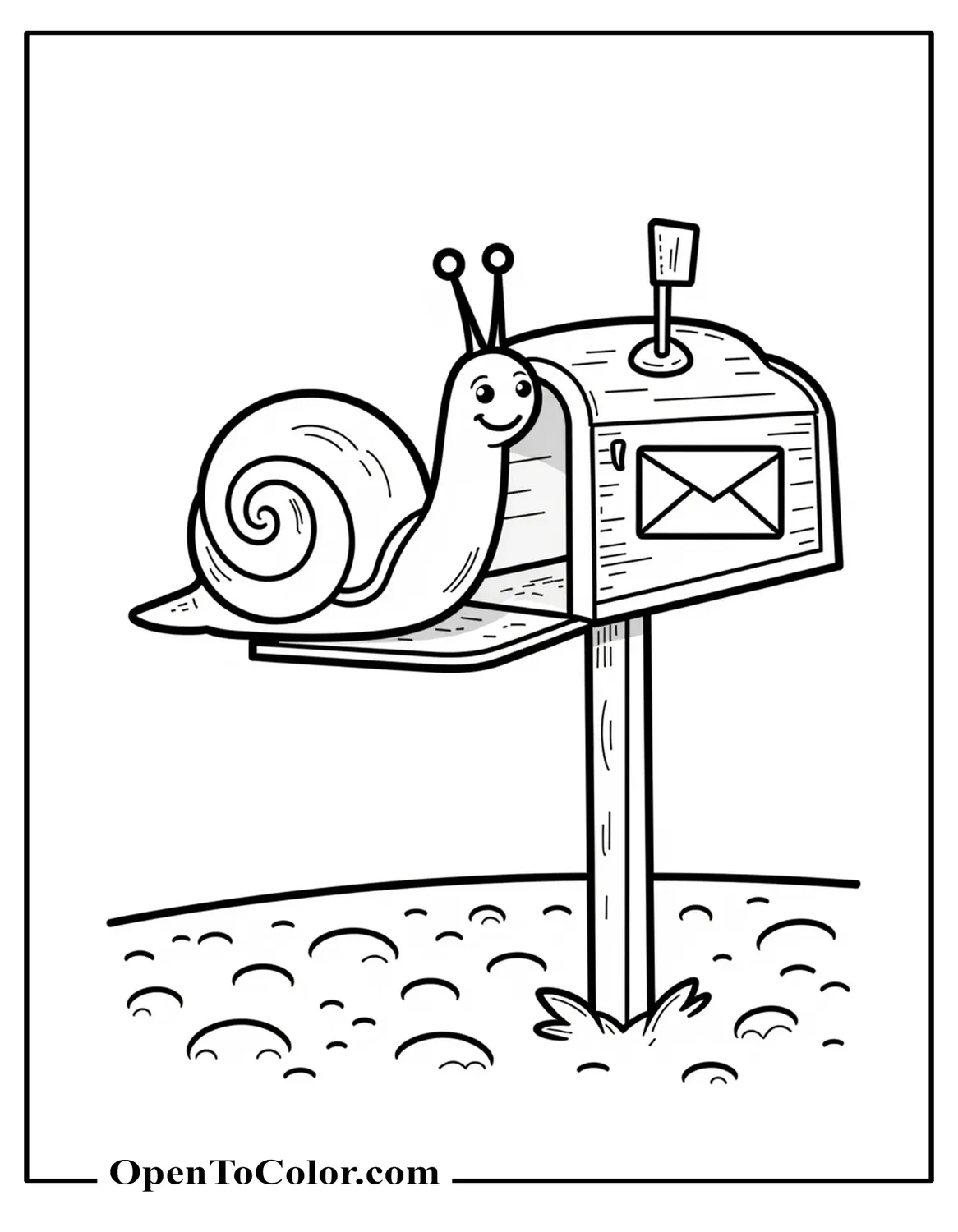 Snail delivering a letter to a small mailbox on a post coloring page printable.