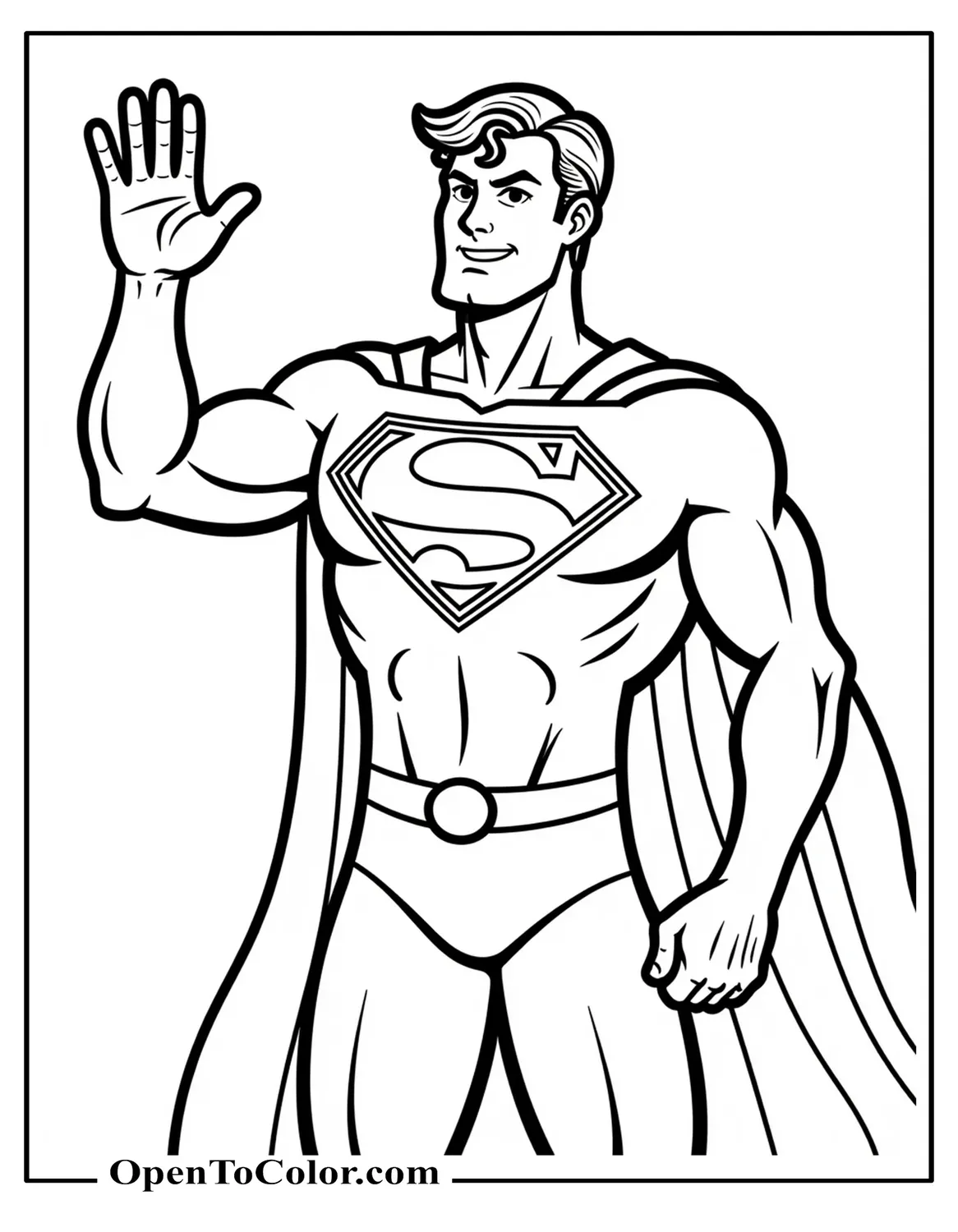 Superman waving warmly as if greeting fans coloring page PDF
