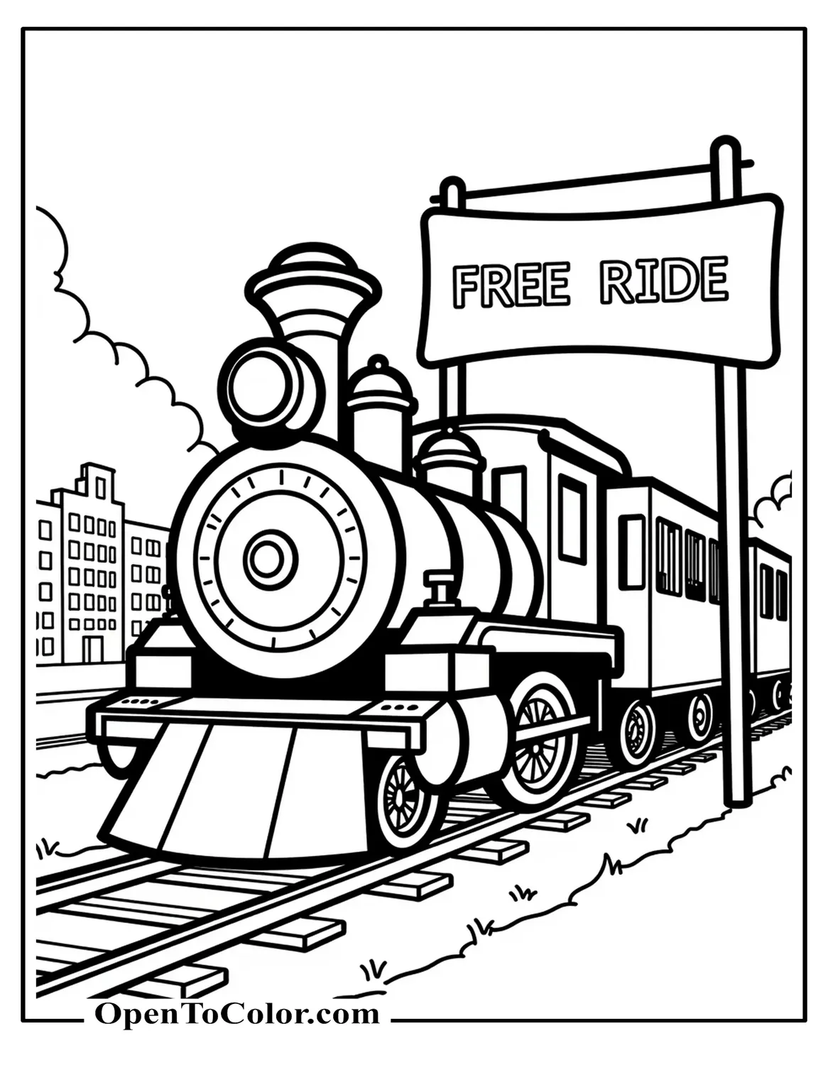 Coloring Sheet PDF of Engine Pulling a Banner Sign That Reads Free Ride Over Simple Town Backdrop