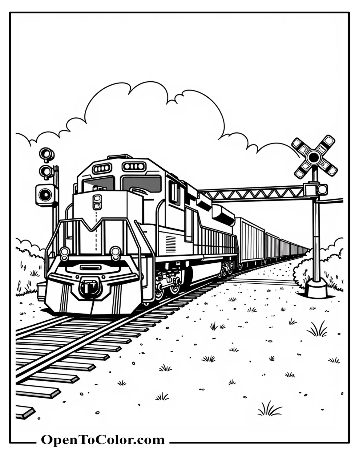 Free coloring page of a long diesel freight pulling boxcars past a crossing gate with signal lights.
