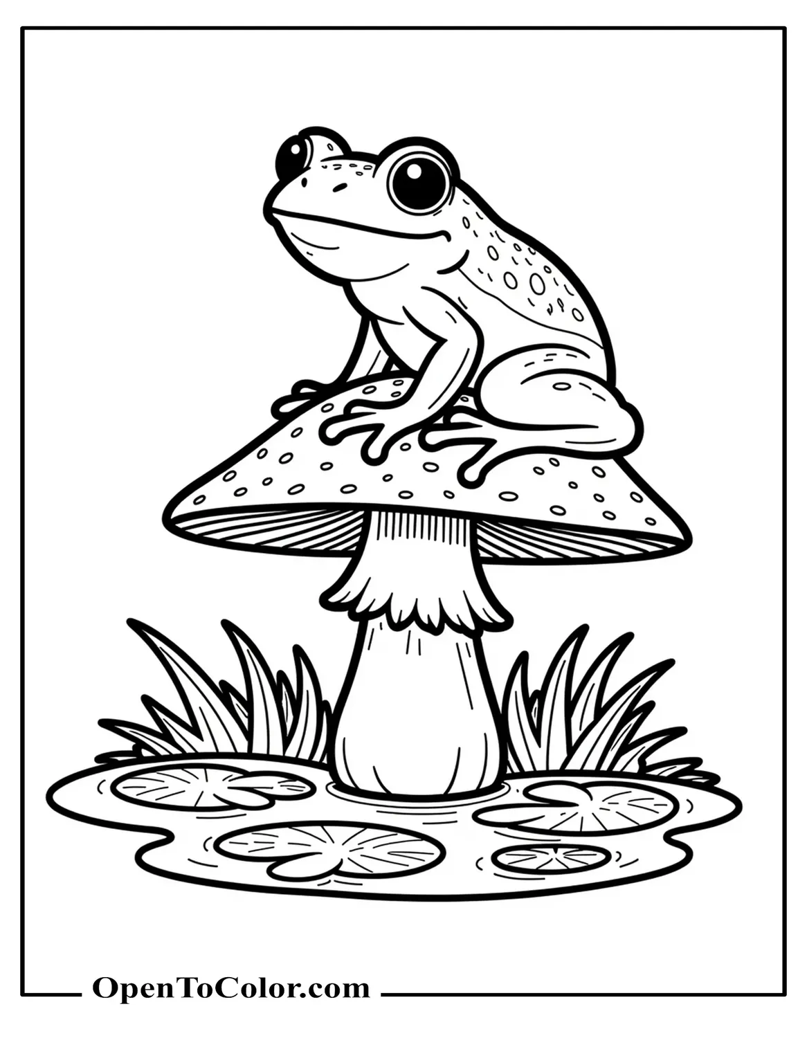 Coloring page of a frog sitting on a mushroom cap beside a small pond with lily pads, printable.