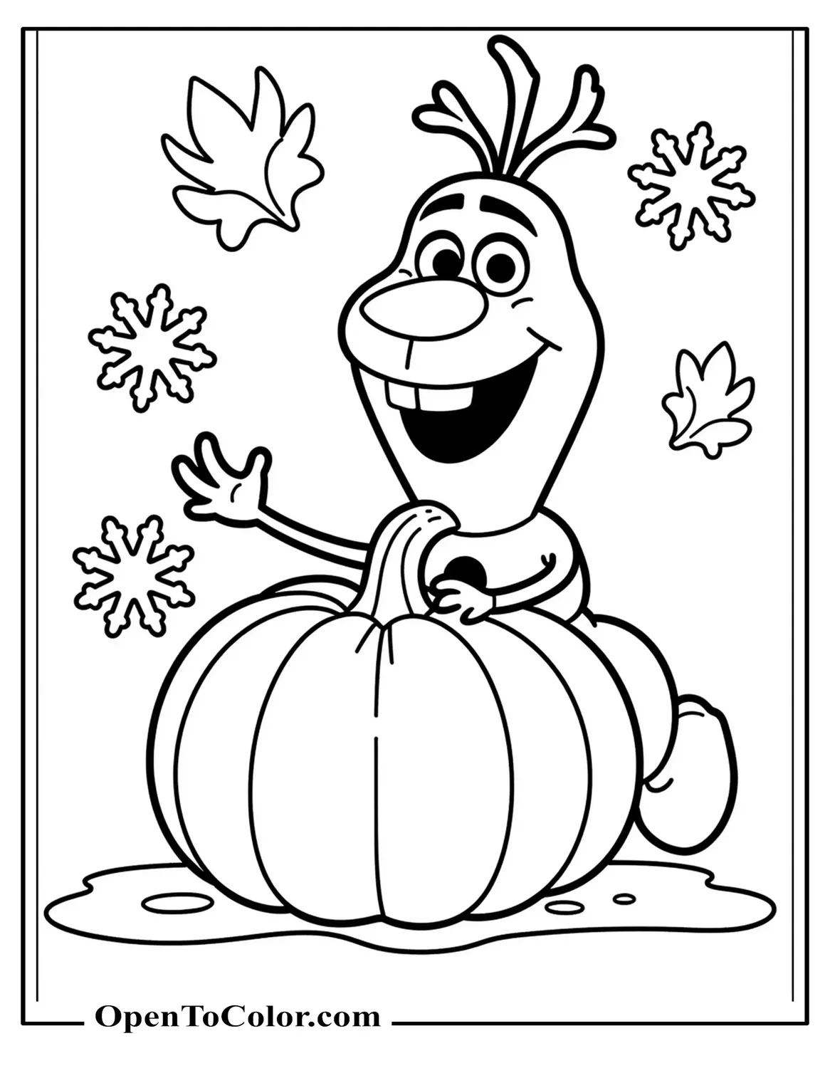Olaf holding a pumpkin with snowflakes and leaves mixed, coloring page, printable.