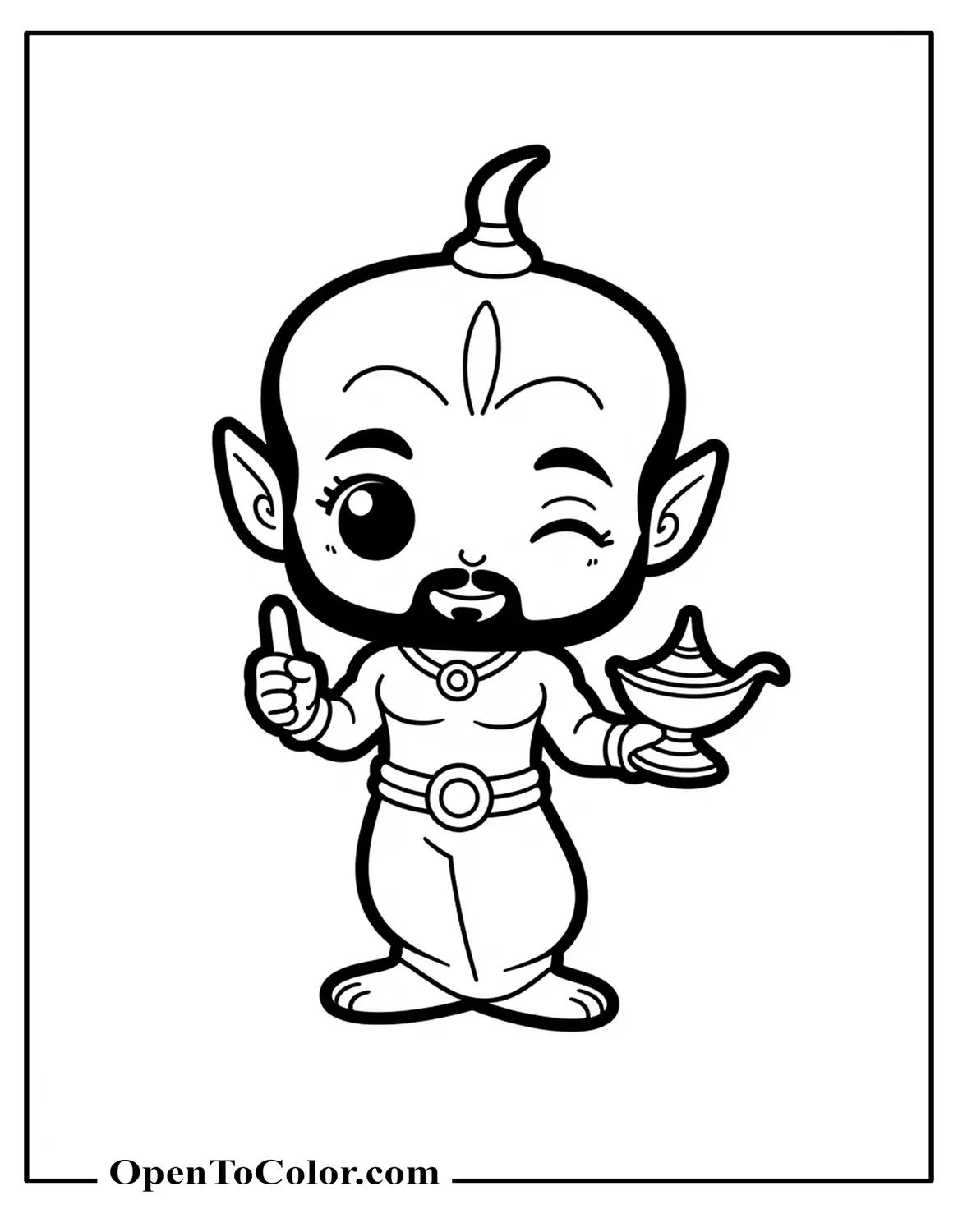 Printable Funko Pop style Genie winking and pointing upward, coloring sheet, lamp at side