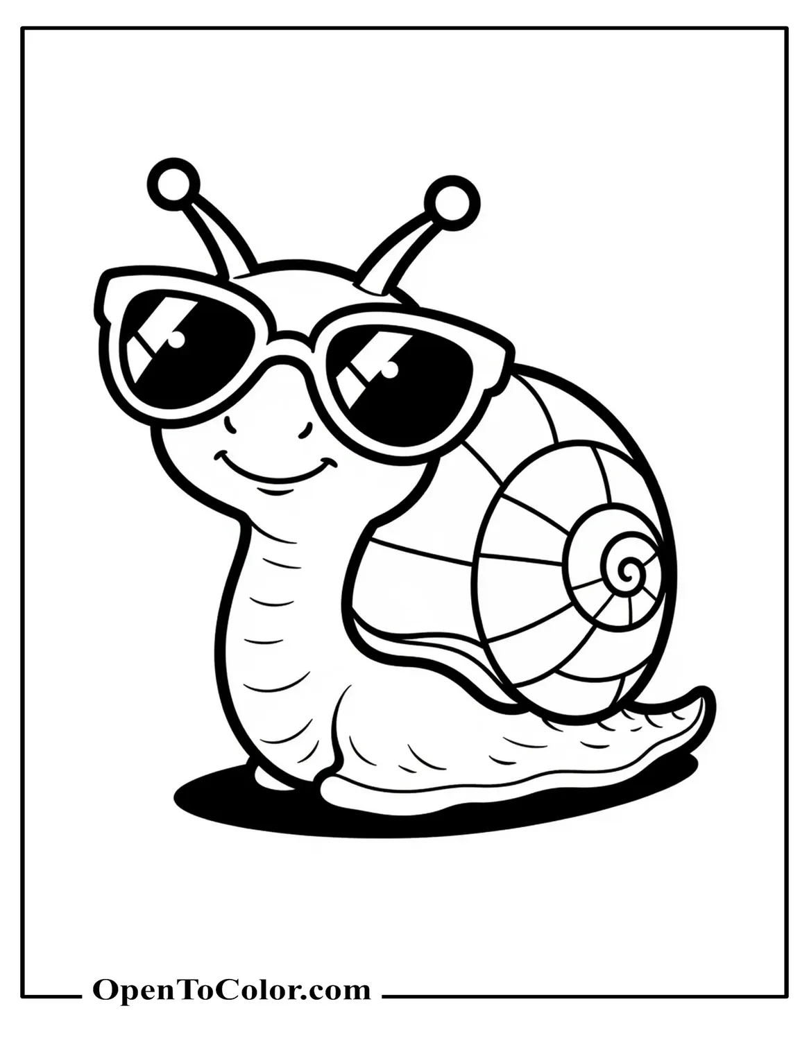 Snail wearing oversized sunglasses making a silly face coloring sheet PDF.