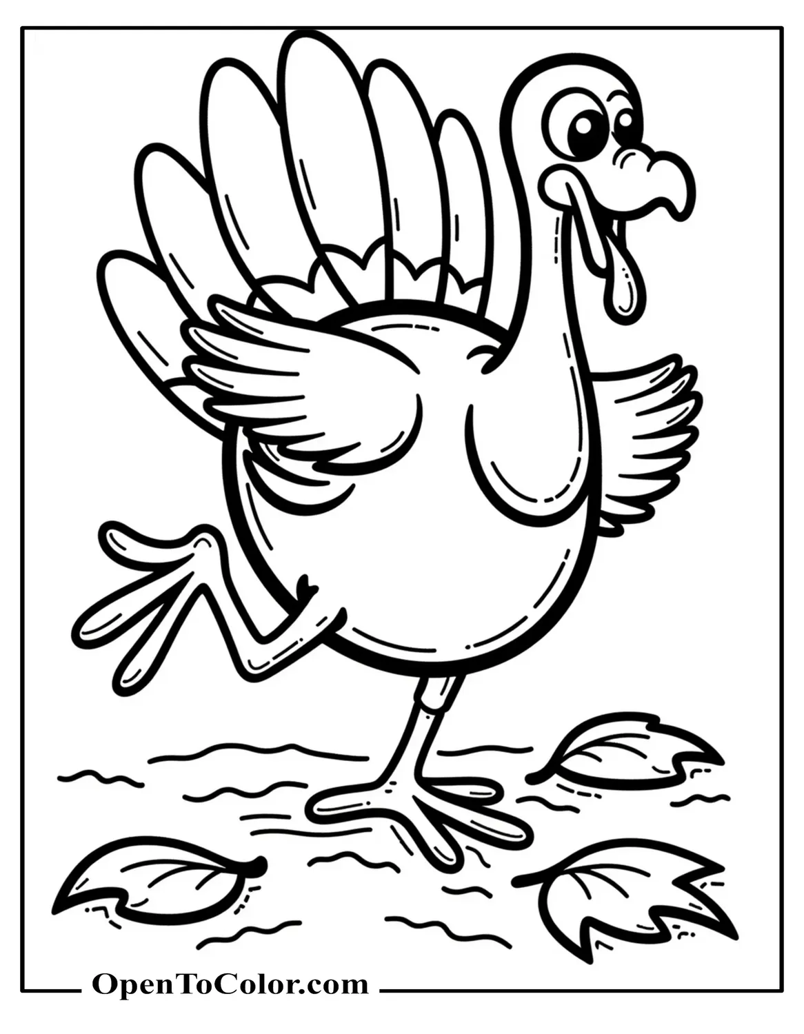 Turkey Slipping On A Fallen Leaf With A Surprised Face Coloring Page PDF