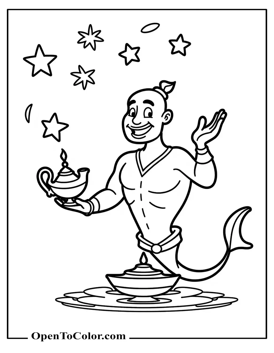 Genie with crossed arms emerging from swirling smoke above the lamp on the floor, printable coloring page.