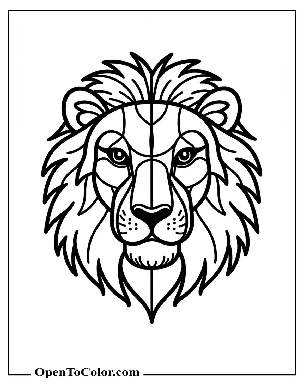 Printable coloring page of geometric lion face made from triangles and polygons.