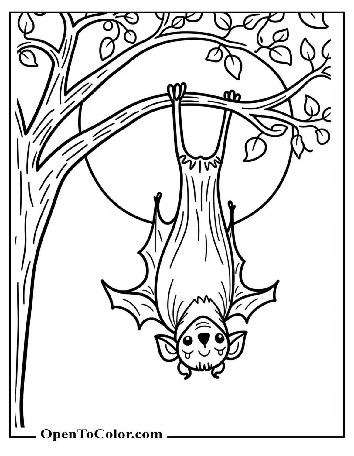 Bat hanging upside down from a tree branch, full moon behind, leaves, printable coloring sheet.
