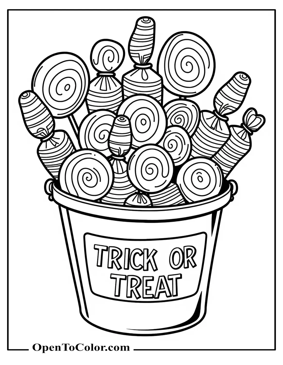 Assortment of lollipops and wrapped candies in a bucket, banner trick or treat in clean empty letters, printable coloring sheet.