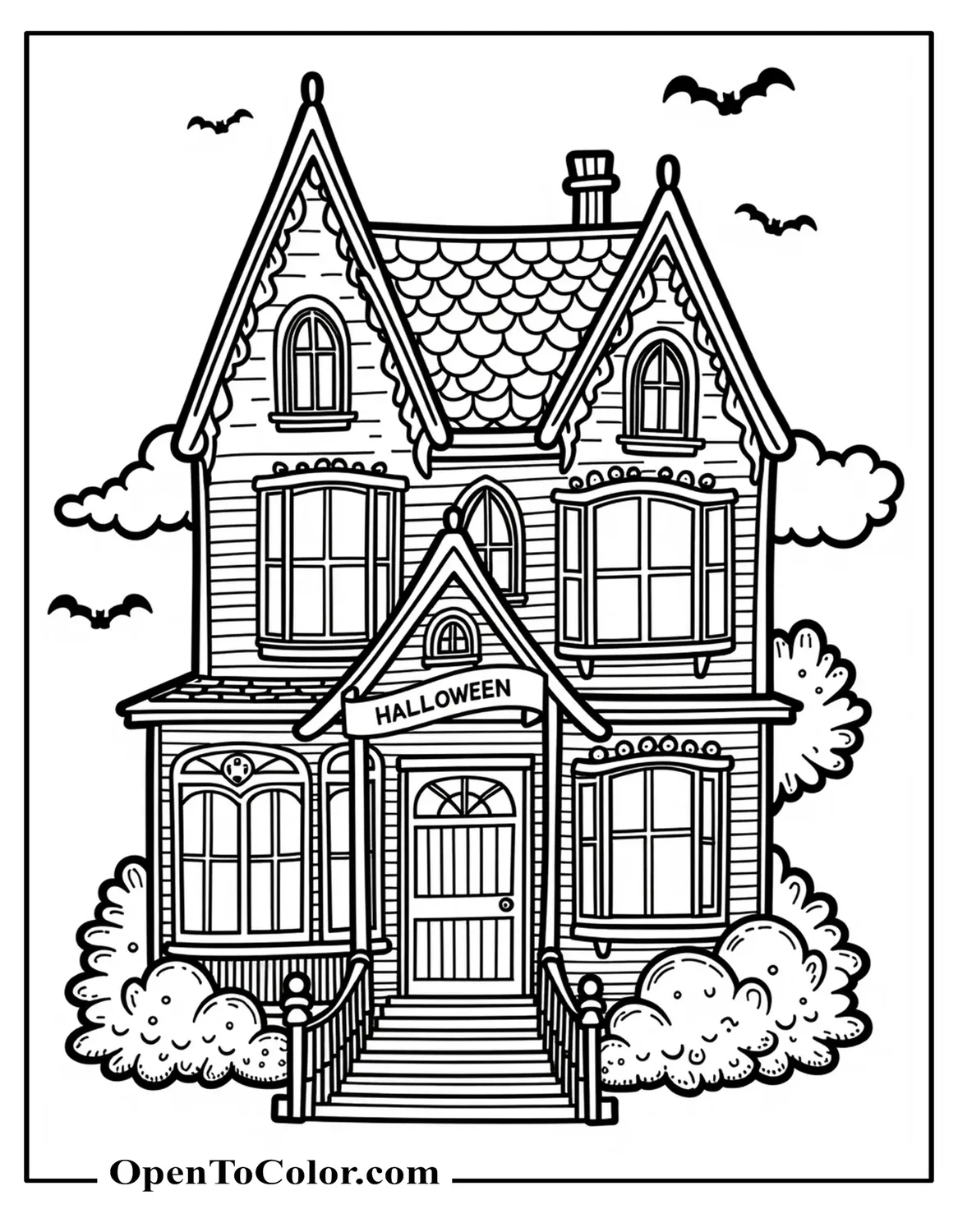 Detailed haunted house coloring sheet with ivy and ornate windows, small banner Happy Halloween in clean empty letters, PDF.