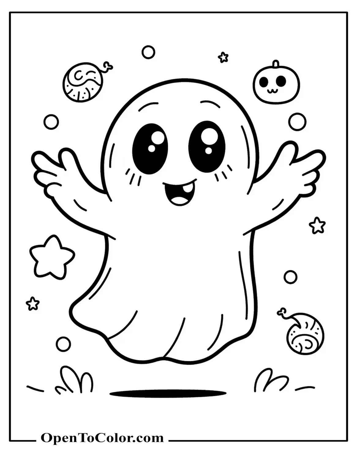 Big happy ghost waving, large candy and star shapes, thick outlines, coloring page, printable.