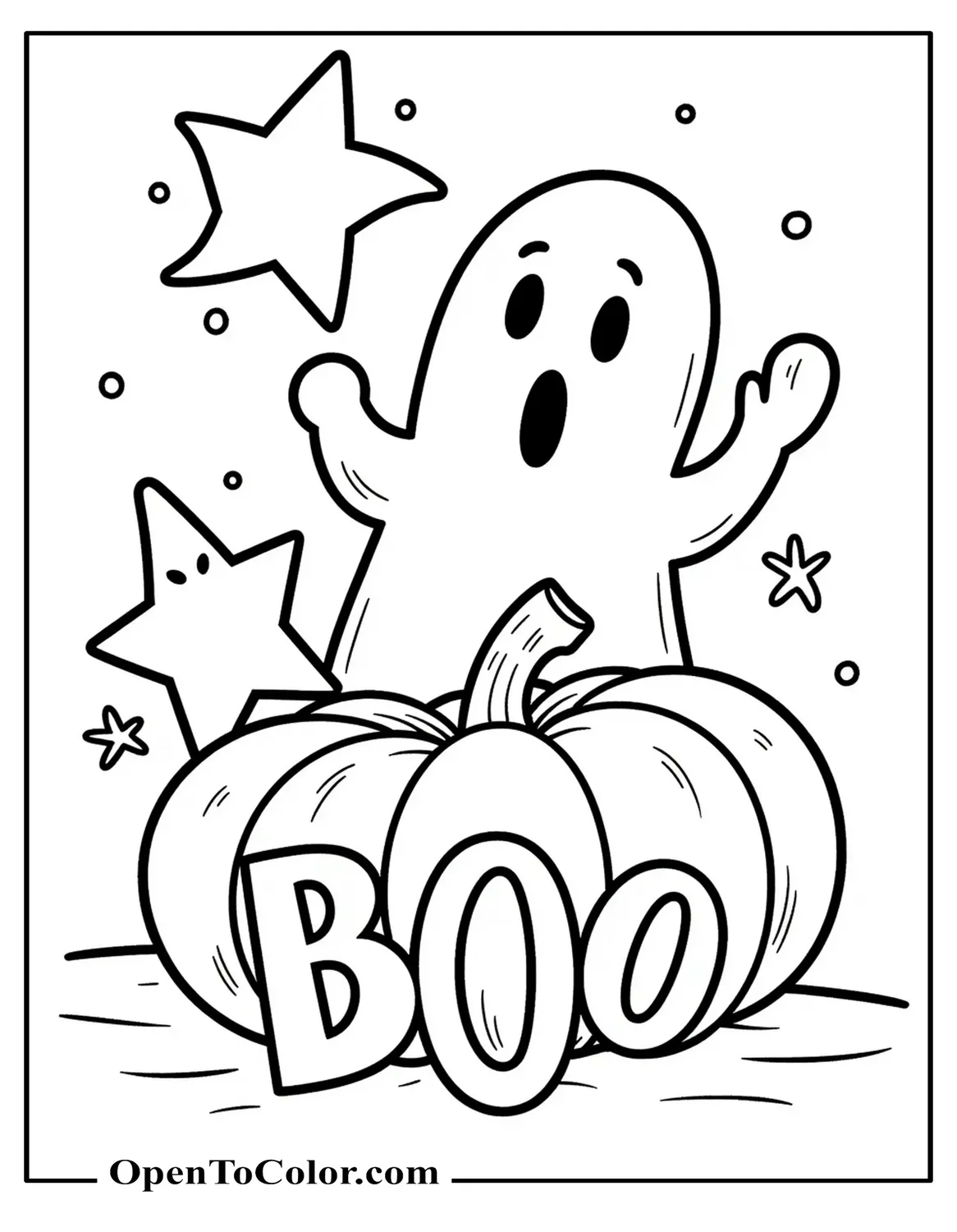 Large Pumpkin, Big Ghost, And Big Star Shapes, Text Boo In Clean Empty Letters, Coloring Sheet PDF