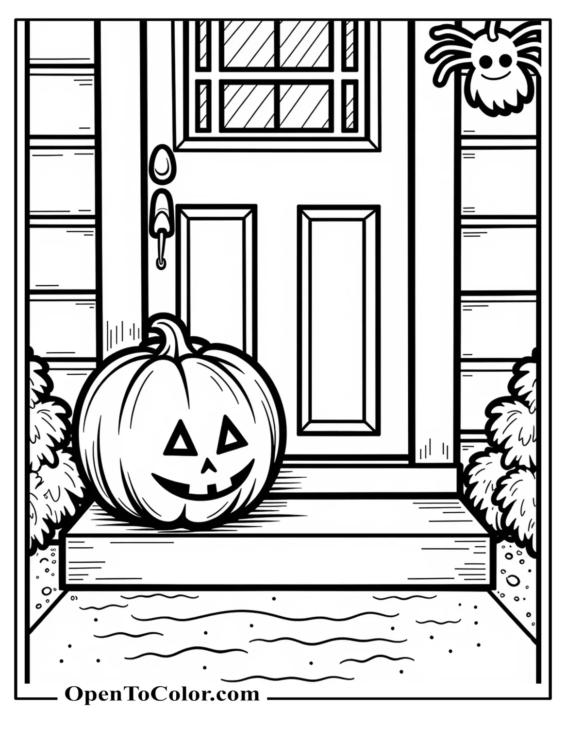 Cartoon Jack-O'-Lantern Coloring Page On A Doorstep With Spiderweb Corner And A Hanging Bat PDF