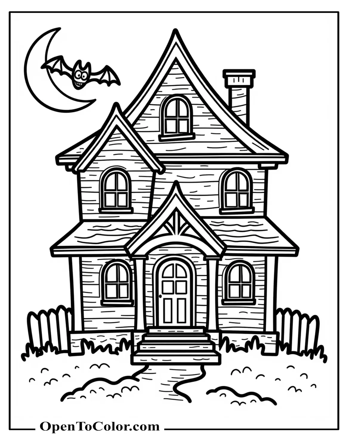 Free Coloring Page of Haunted House Facade with a Single Bat and a Crescent Moon