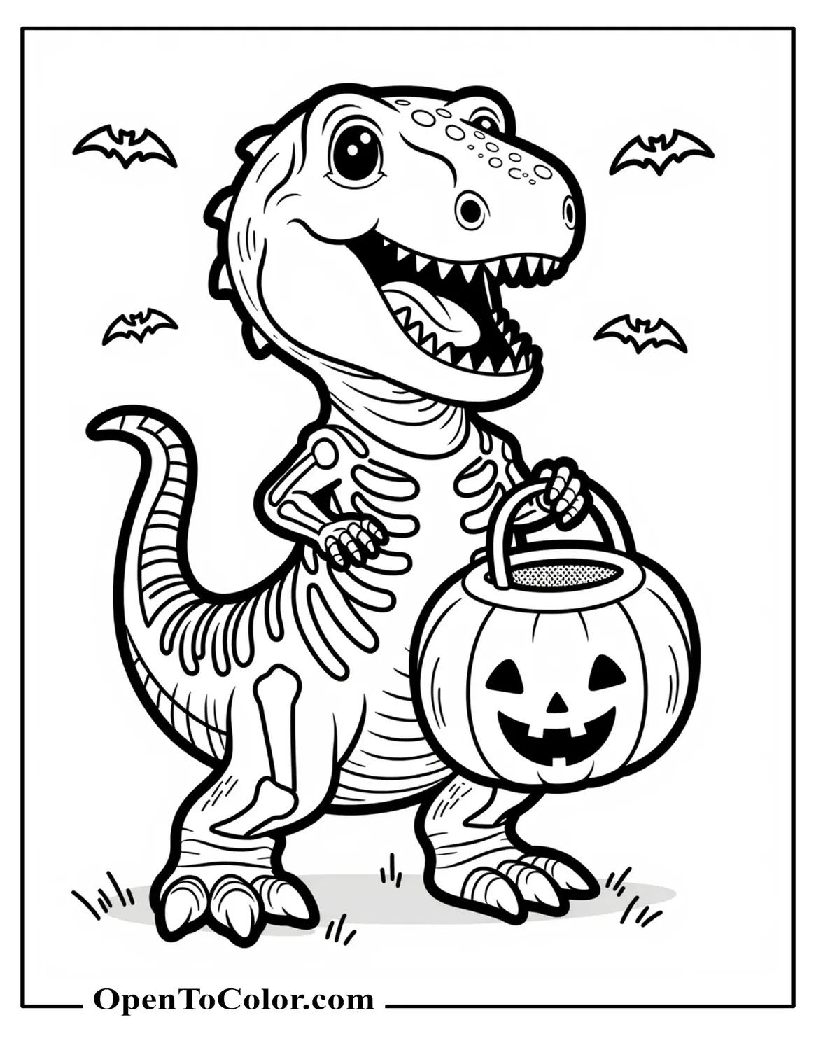 Cute T-Rex Wearing A Skeleton Costume Carrying A Pumpkin Bucket, Tiny Bats Around, Printable Coloring Sheet