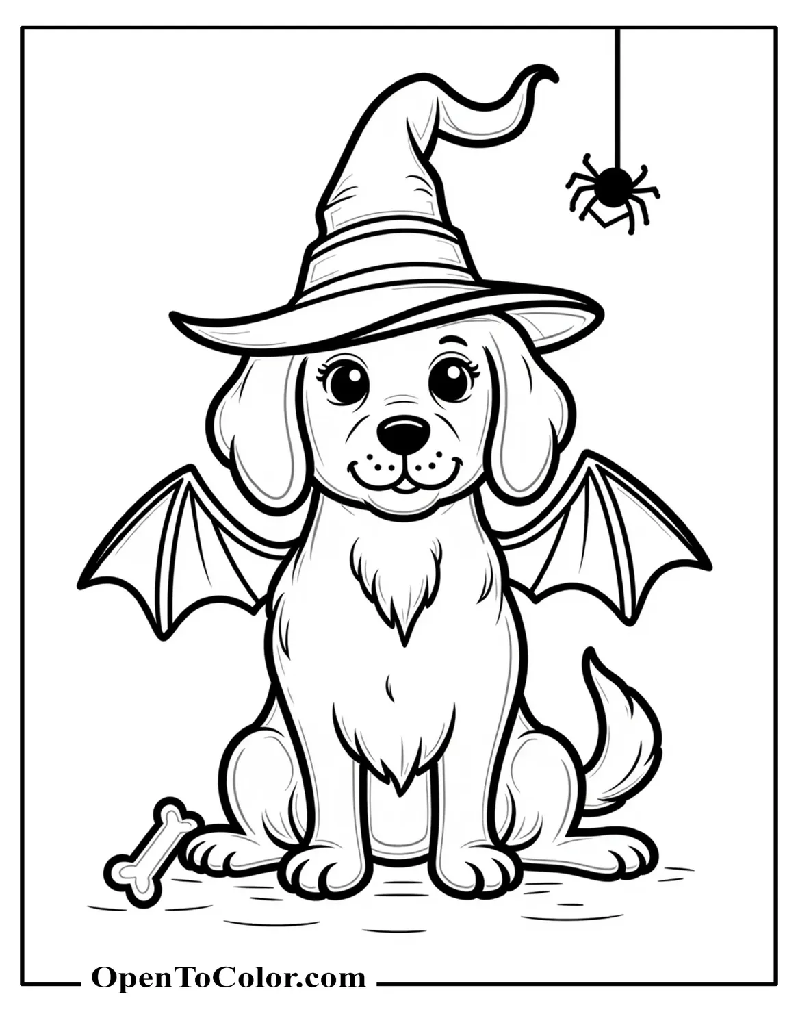 Free Coloring Page of Dog Wearing Bat Wings and a Witch Hat Sitting, Bone and Tiny Spiderweb