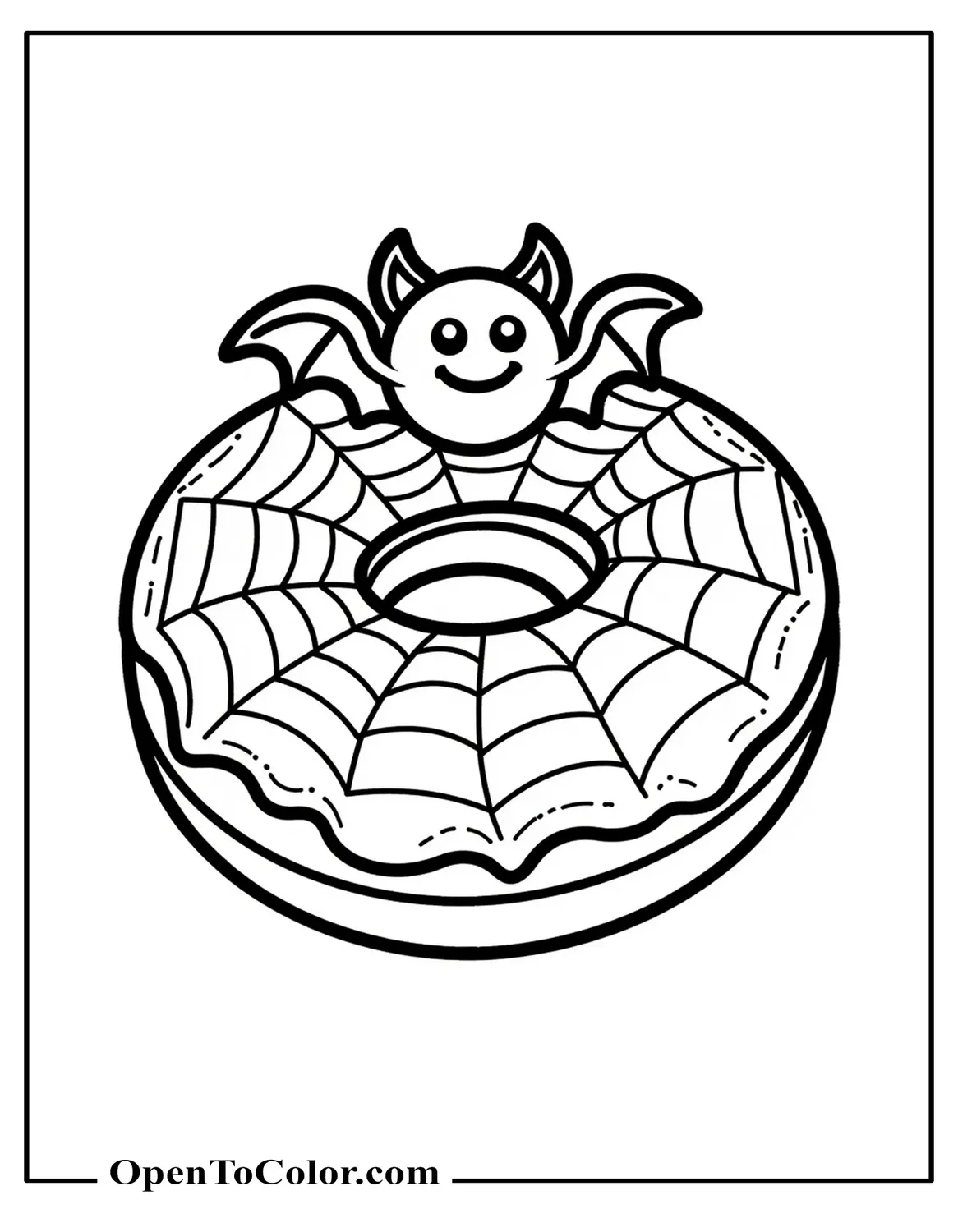 Coloring Page PDF of Donut with Spiderweb Icing Pattern and Tiny Bat Perched on Top