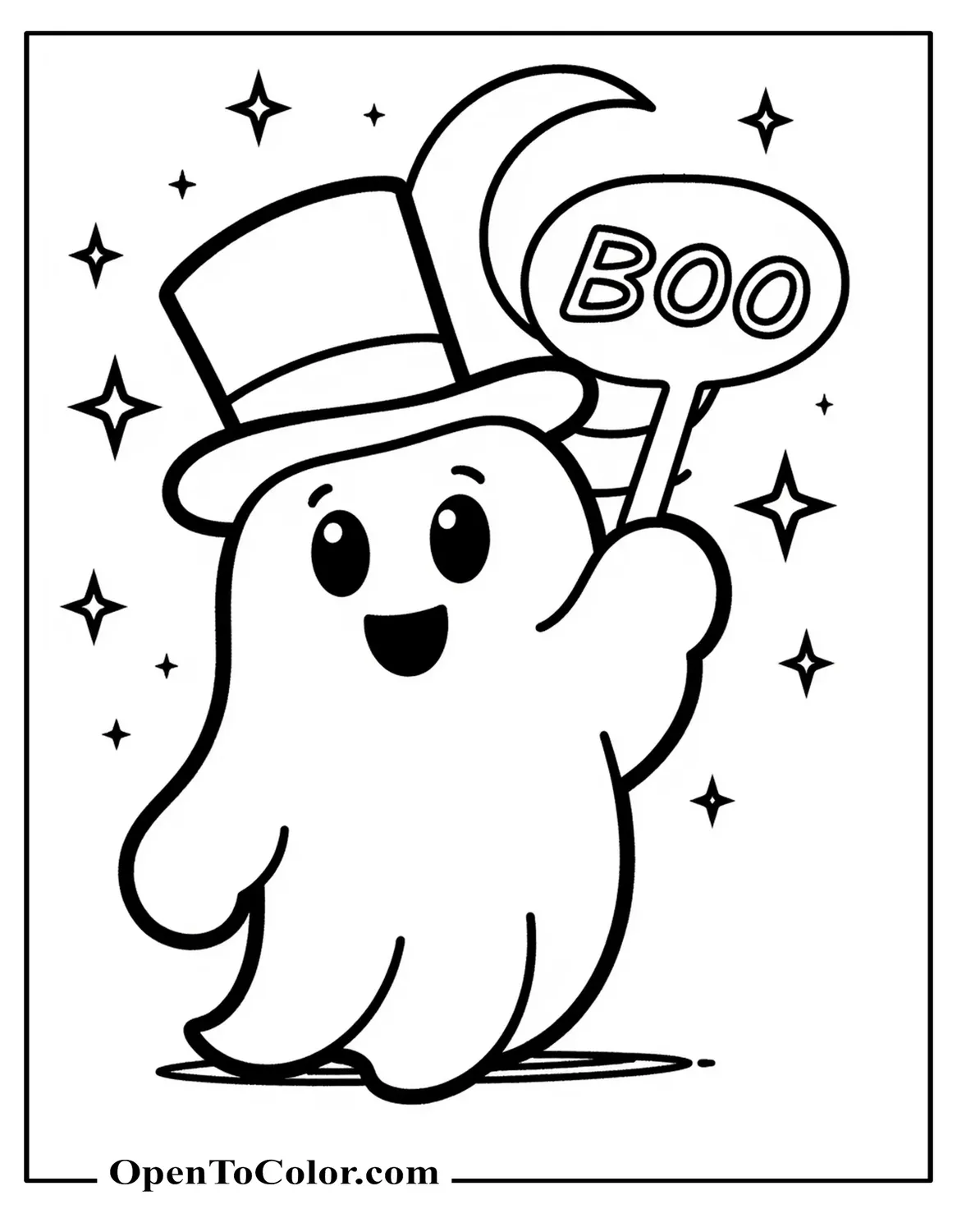 Coloring Page of a Friendly Ghost Tipping a Top Hat, Crescent Moon and Stars, Speech Bubble Boo in Clean Empty Letters, Printable