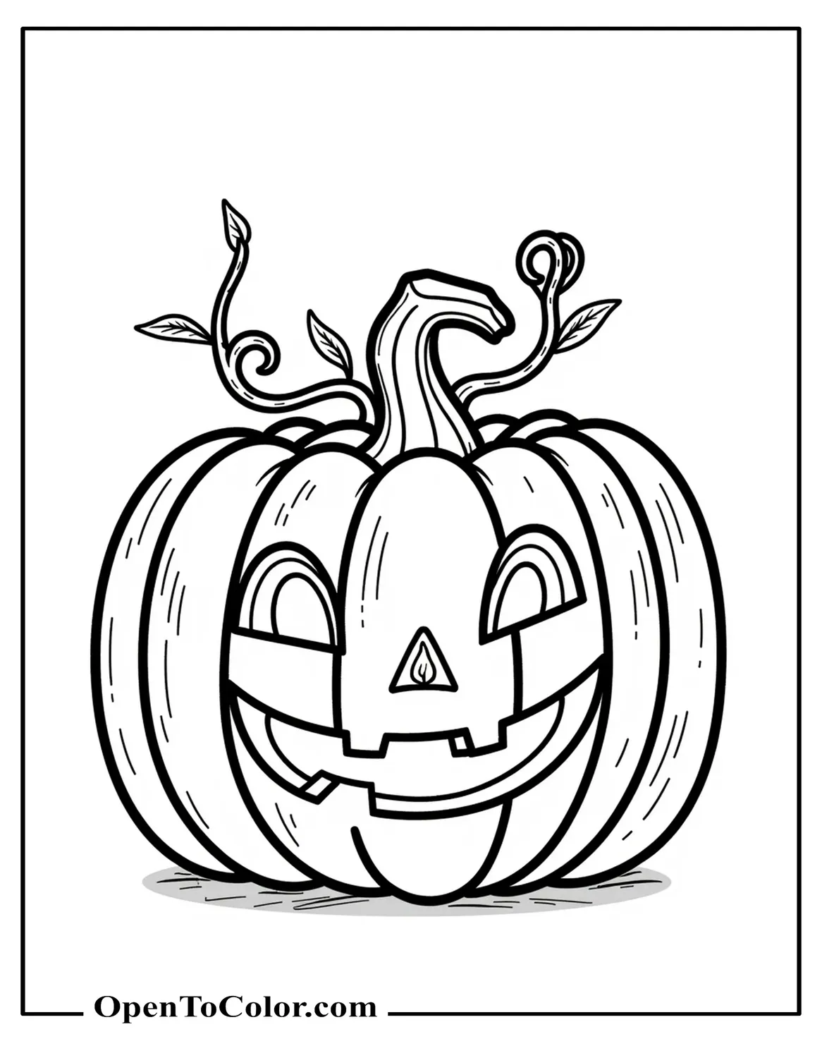 Giant Carved Pumpkin Coloring Sheet With Curling Vine And Leaves, Candle Inside, PDF