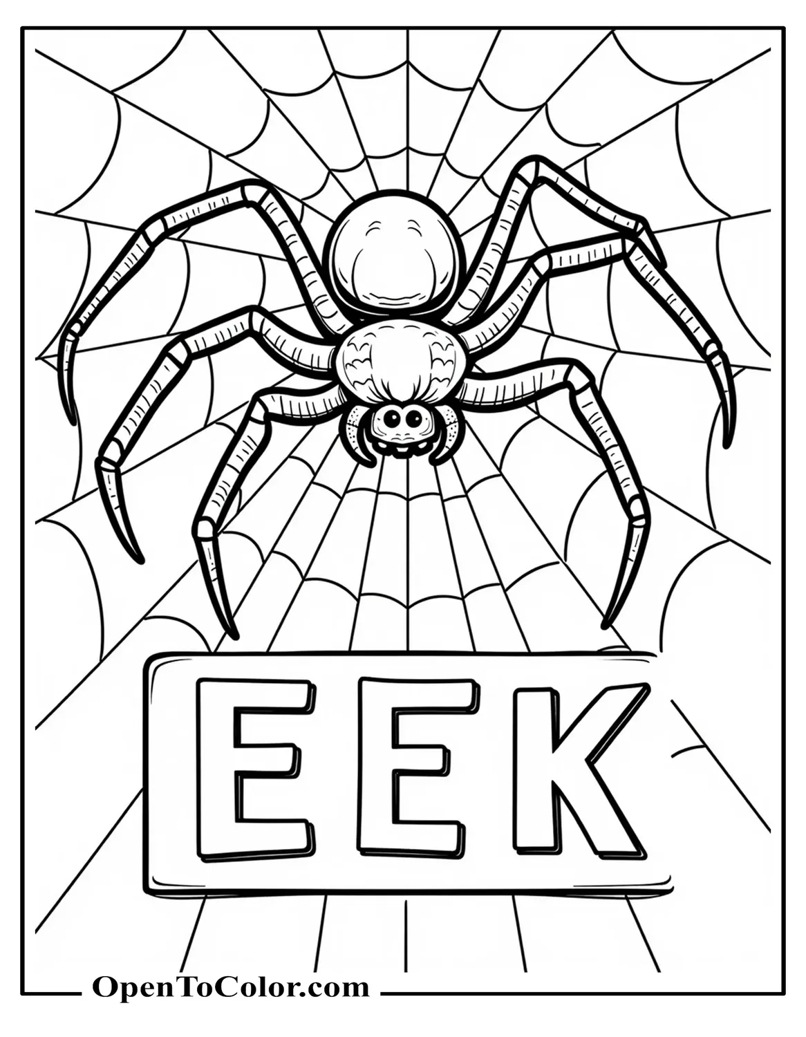 Large Spider On A Web Center, Coloring Page PDF, Hanging Sign Eek In Clean Empty Letters