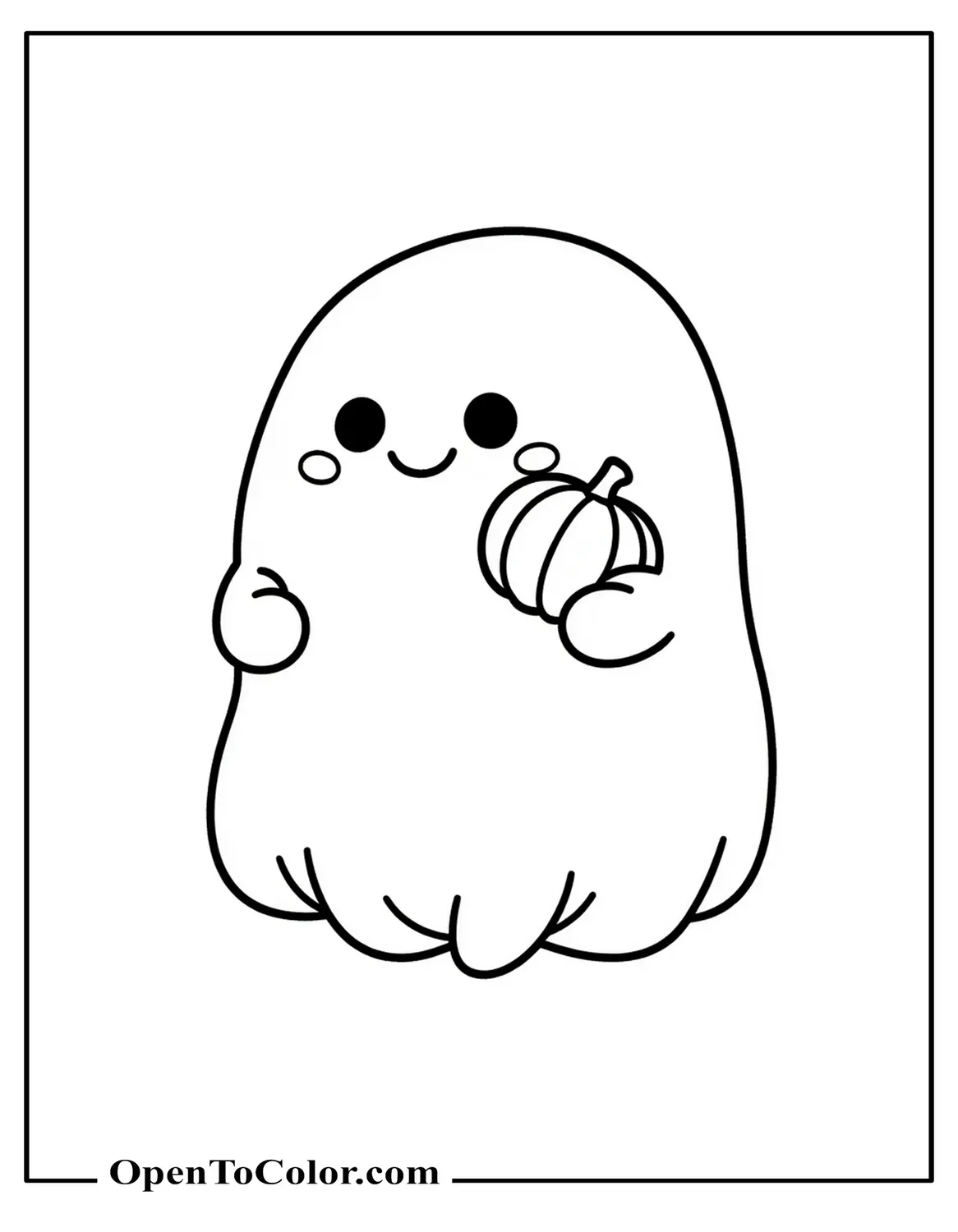 Free Coloring Page: Squishmallow Ghost Plush Holding a Tiny Pumpkin, Rounded Simple Shapes