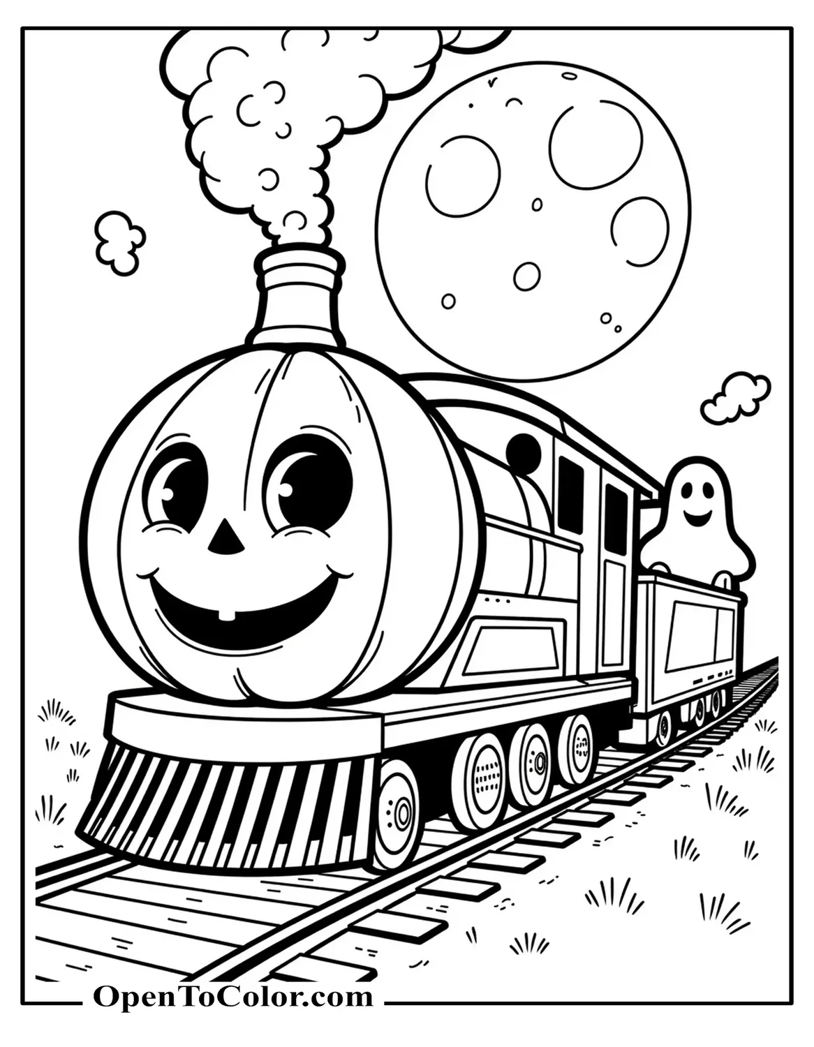 Spooky but friendly pumpkin-face engine towing a ghost-themed car past a full moon coloring page, printable.