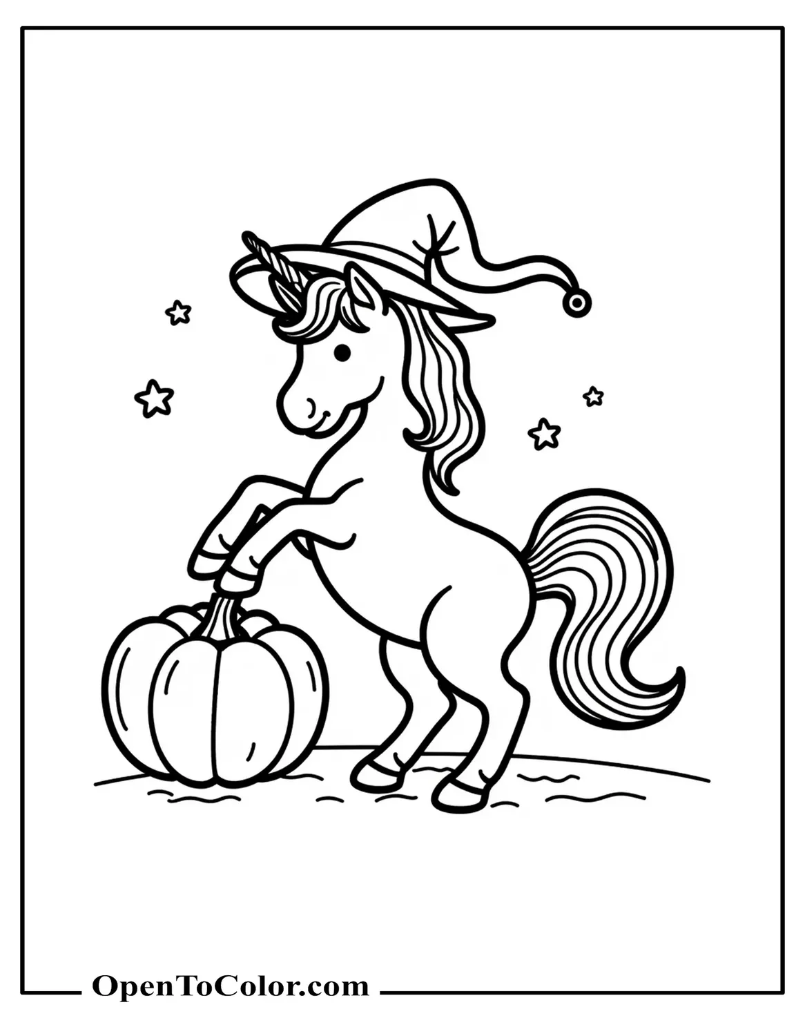 Unicorn Wearing a Witch Hat Rearing Beside a Pumpkin, Small Stars, Coloring Page PDF
