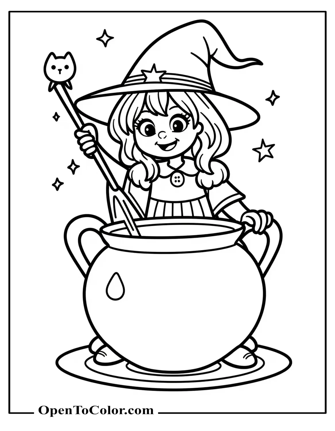 Young Witch Stirring A Cauldron, Printable Coloring Page, Steam Forming Stars, Cat Silhouette On The Rim