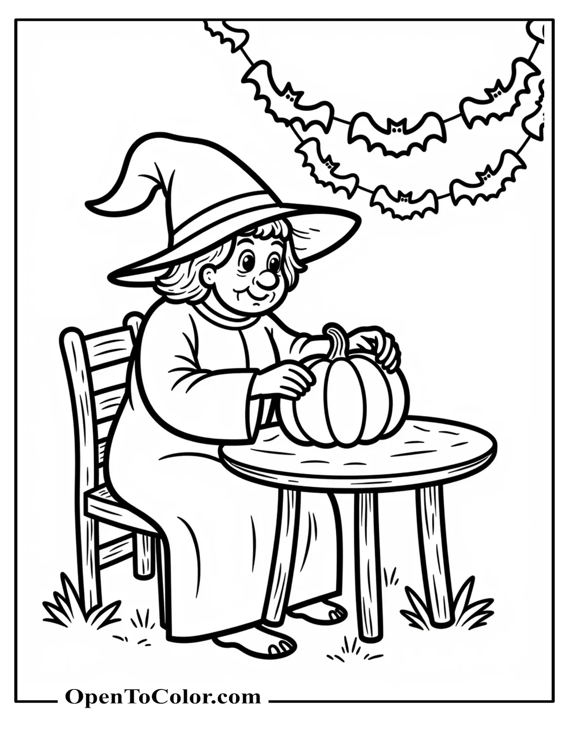 Old Witch Carving A Pumpkin At A Small Table Garland Of Bat Shapes Overhead Printable Coloring Sheet