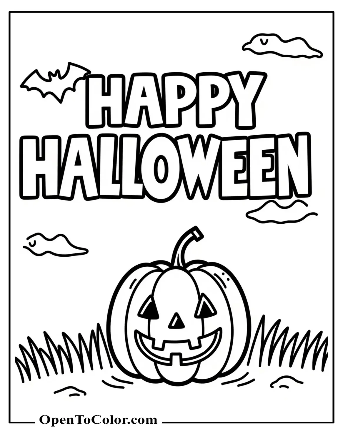 Printable Coloring Sheet with Big Words Happy Halloween in Clean Empty Letters, Two Small Bats, and a Pumpkin