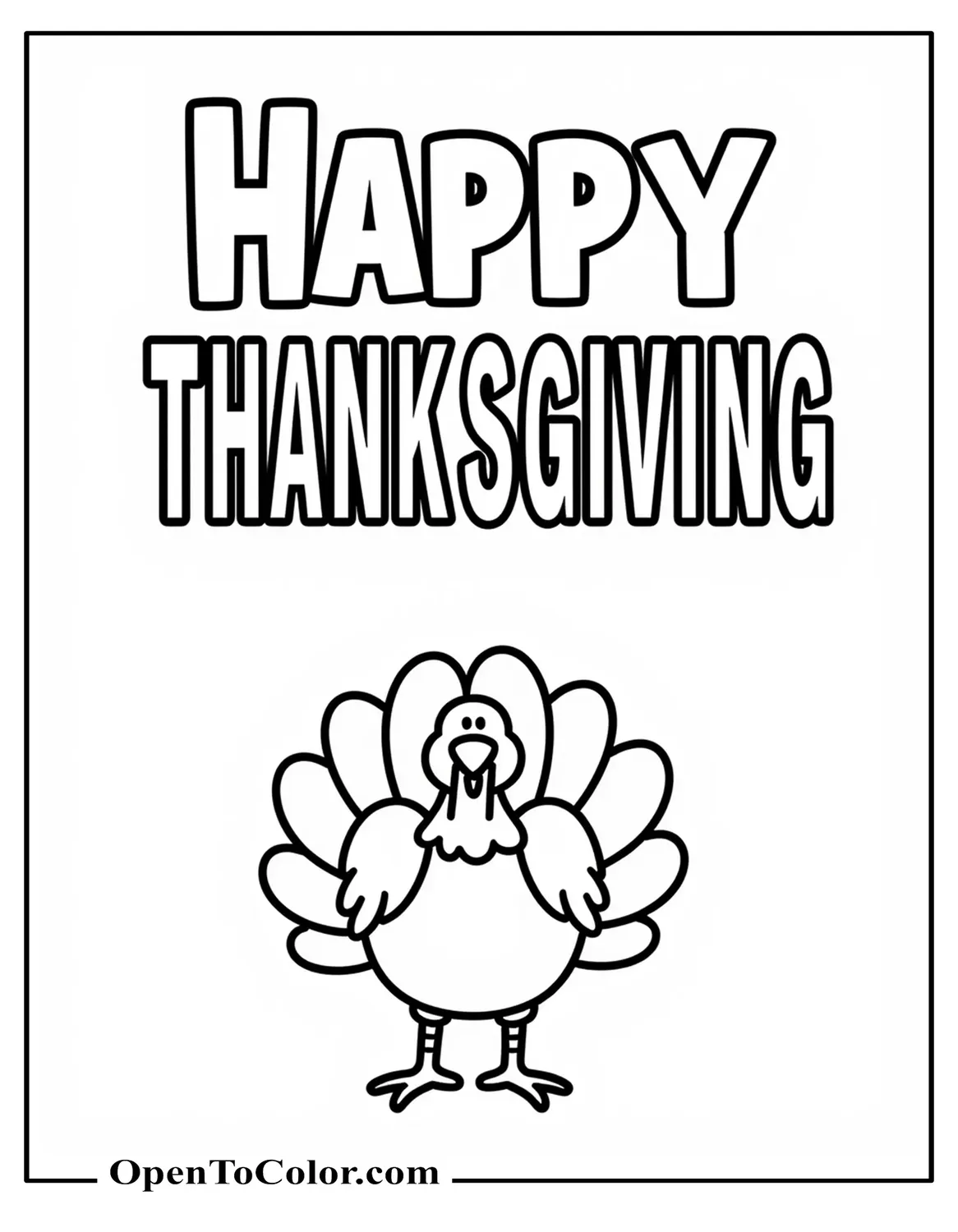 Free Coloring Sheet: Big Words Happy Thanksgiving with a Small Turkey Below