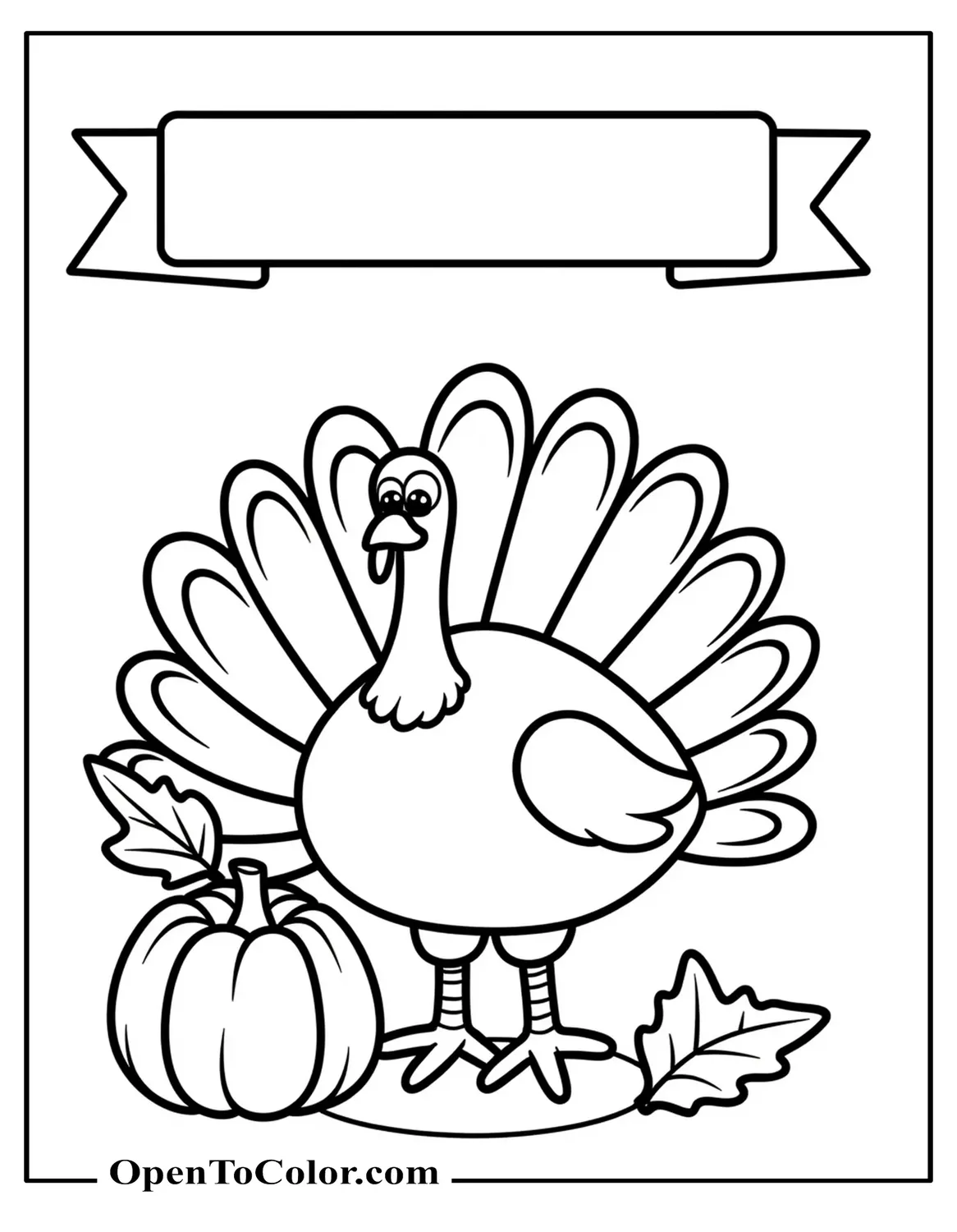 Free Printable Coloring Sheet Banner Above a Turkey and Pumpkin Simple Outlines