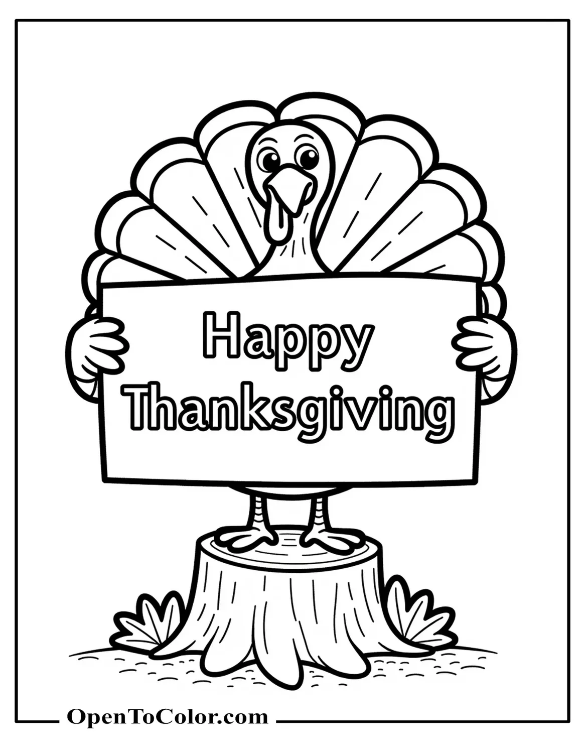 Big Happy Thanksgiving Banner Coloring Page Held By A Turkey Standing On A Stump, Printable
