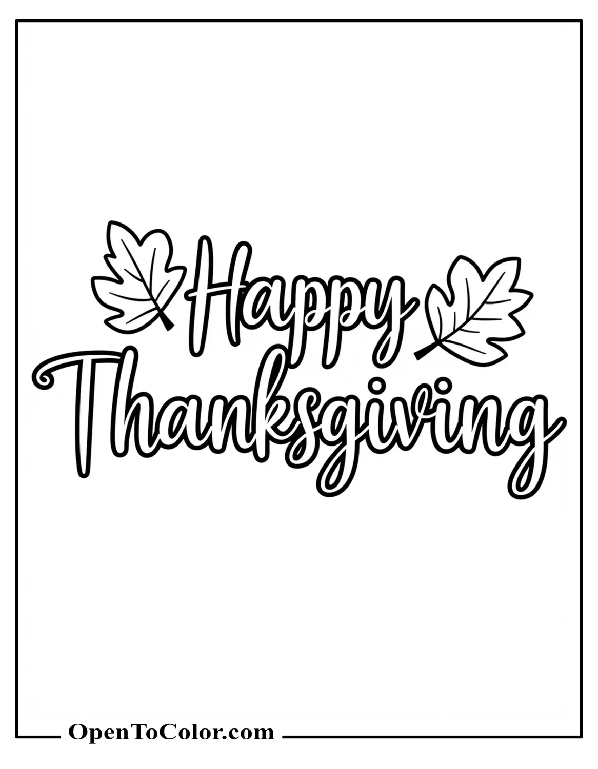 Large Word Art Happy Thanksgiving Coloring Sheet PDF With Two Tiny Leaves At Corners