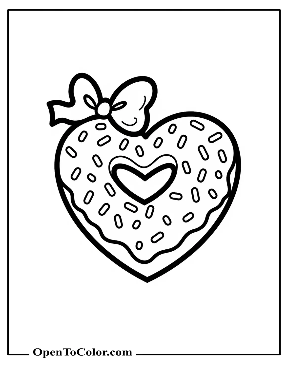 Heart-shaped donut coloring sheet covered in sprinkles with a ribbon bow at the top PDF