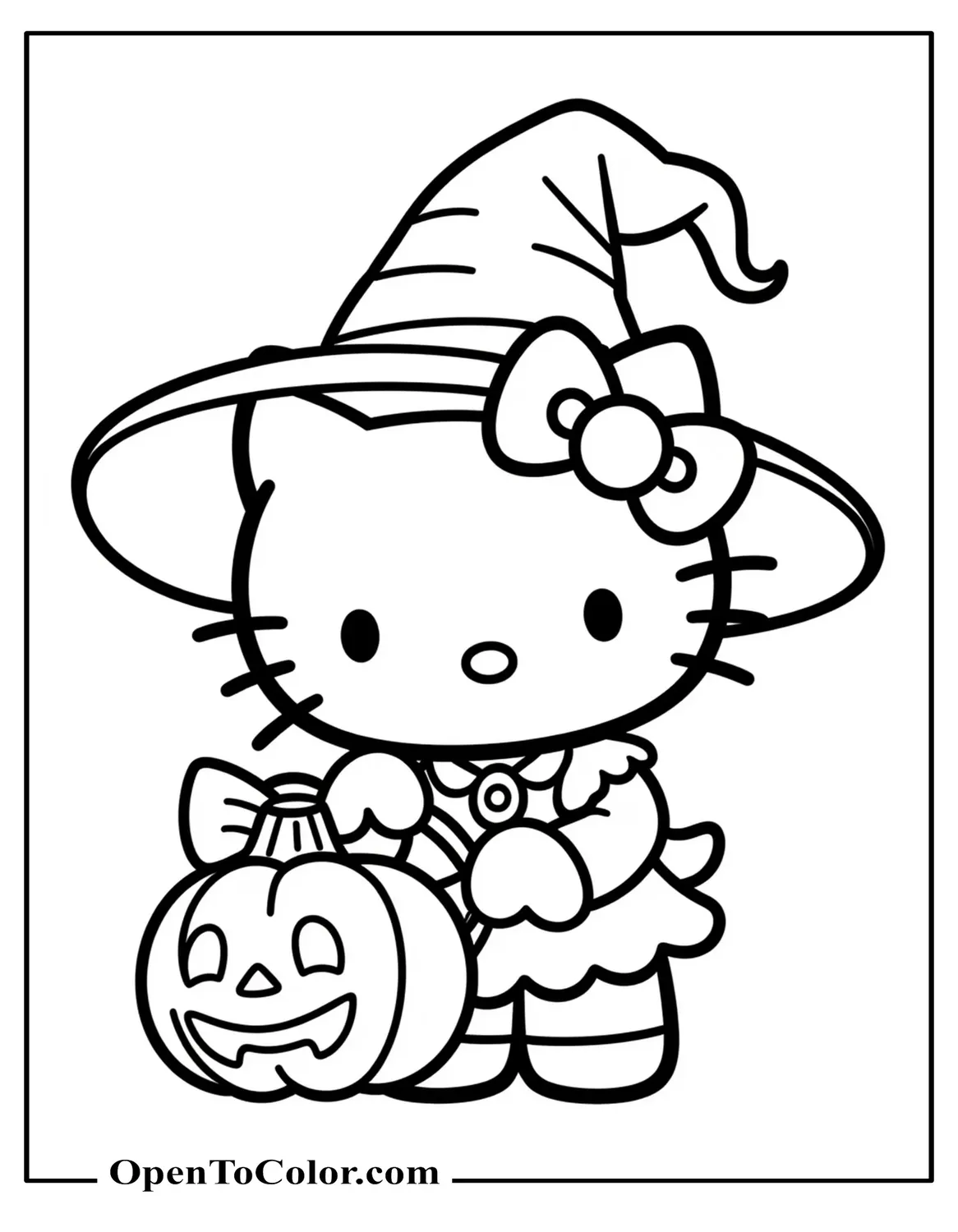 Hello Kitty Coloring Page Wearing A Witch Hat Holding A Jack-O'-Lantern Bucket With A Bow PDF