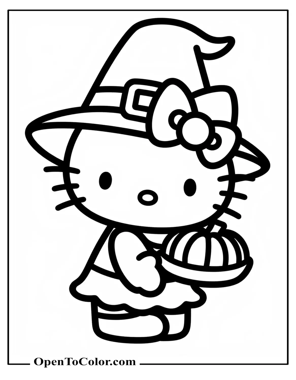 Free Hello Kitty Coloring Page Wearing a Tiny Pilgrim Hat Holding a Pumpkin Pie