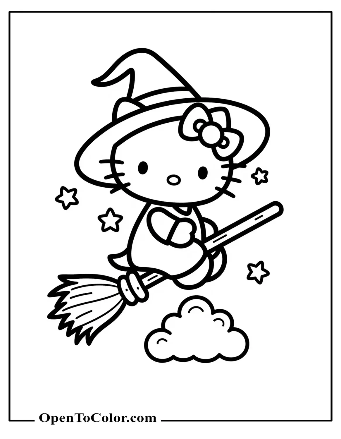 Hello Kitty in a witch hat riding a tiny broom above a cloud and stars, printable coloring page.