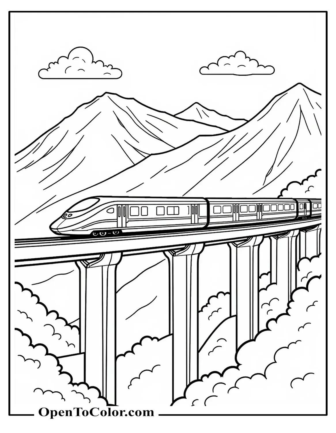 Coloring Page PDF of a Tilting High-Speed Train on a Viaduct with Mountains and Clouds Behind
