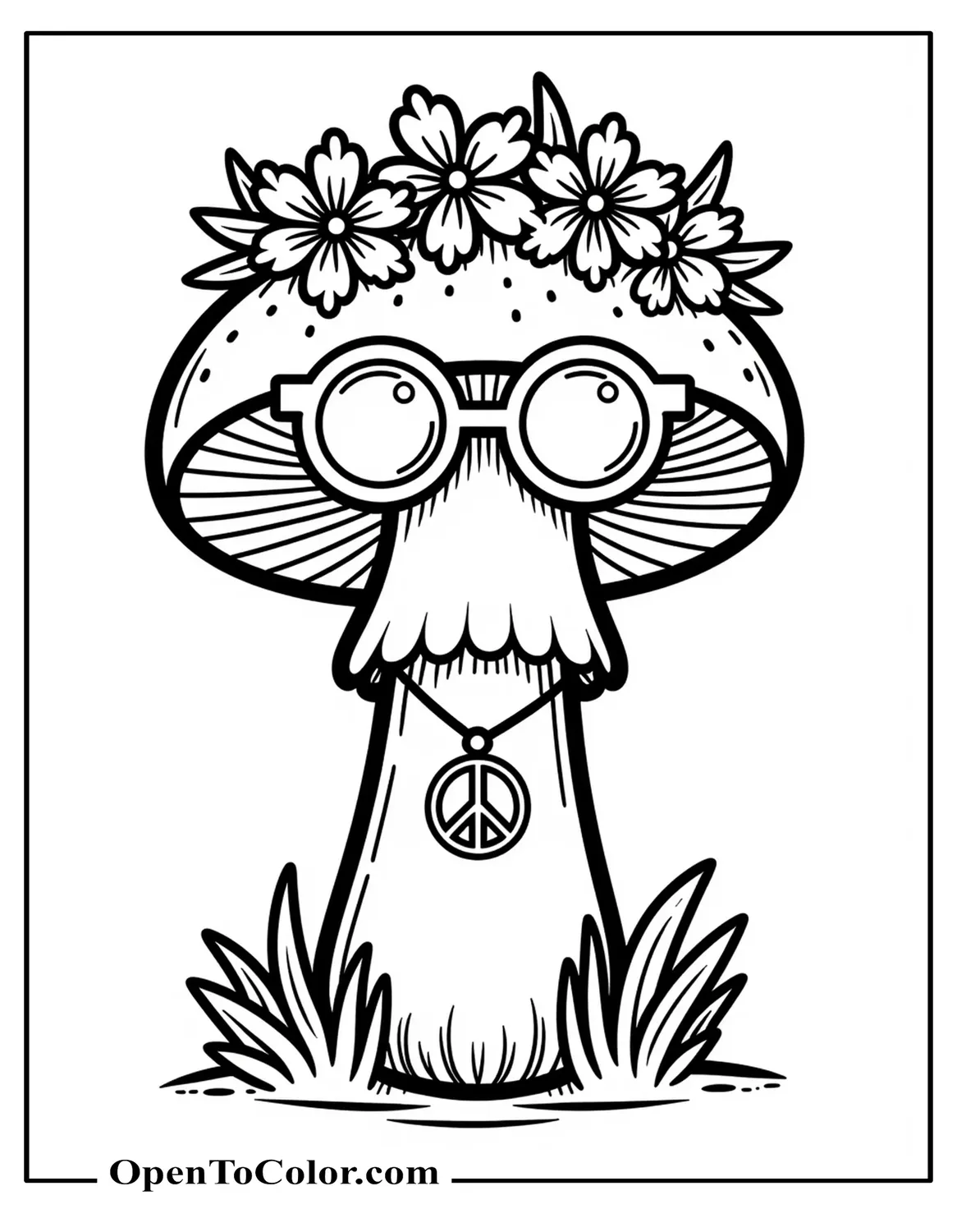Printable coloring page of a hippie mushroom with flower crown, round sunglasses, and a peace sign necklace.