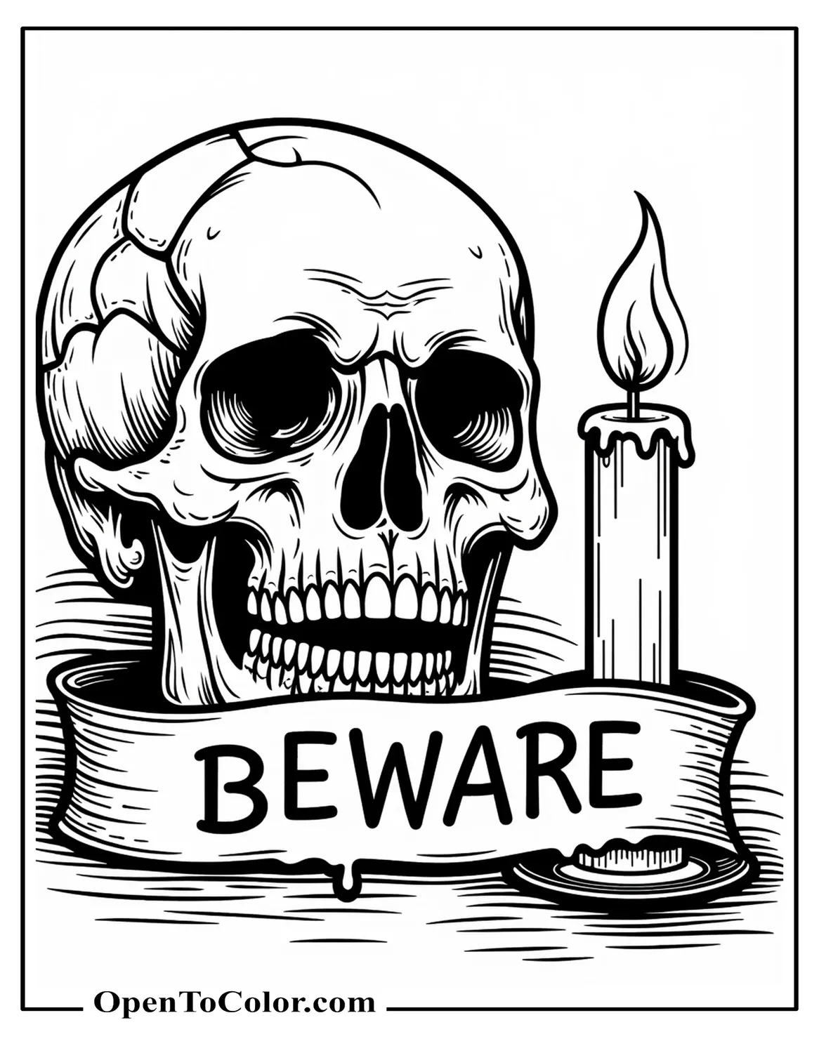Realistic Skull Coloring Sheet With Cracked Details Beside A Melting Candle, Printable Torn Banner Beware