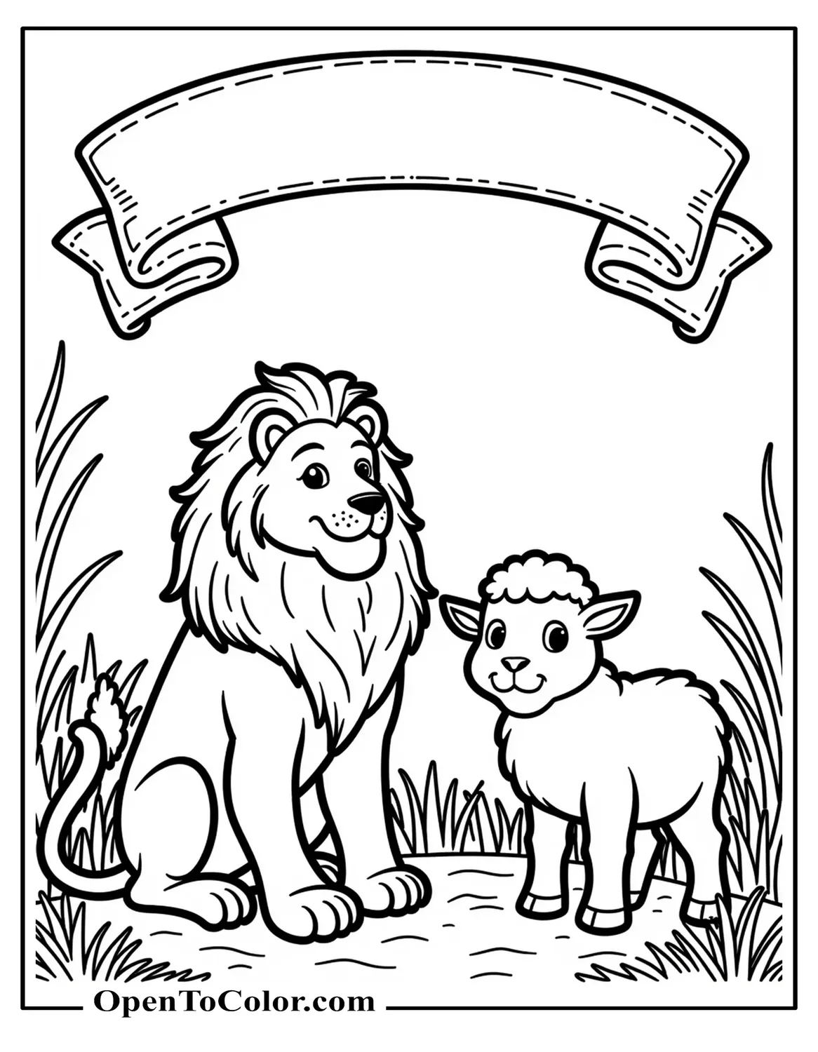 Coloring Page PDF Scene with Lion on Left and Lamb on Right Windblown Grass Banner Ribbon