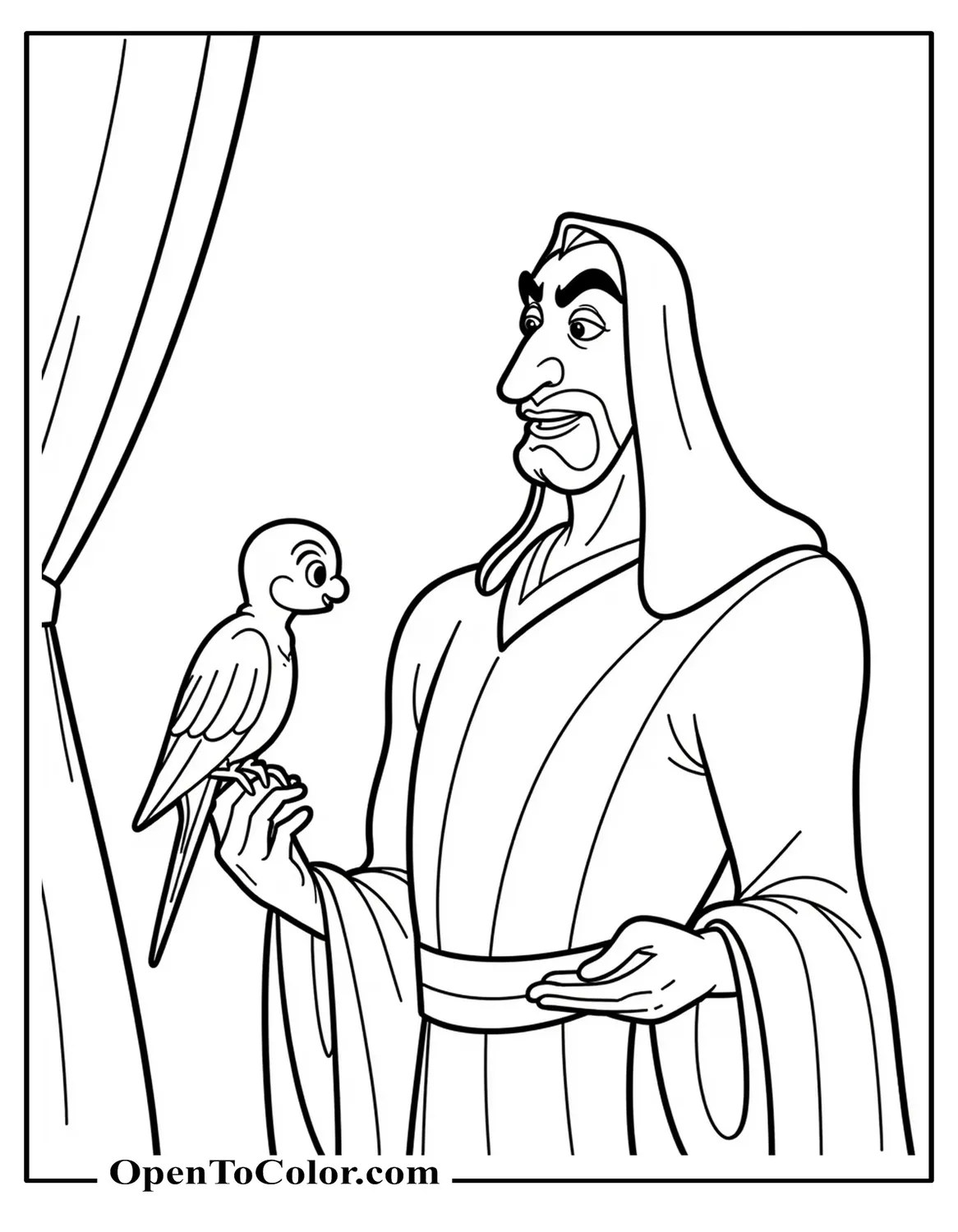Free Coloring Sheet: Jafar with Iago Perched on Shoulder, Simple Curtain Backdrop