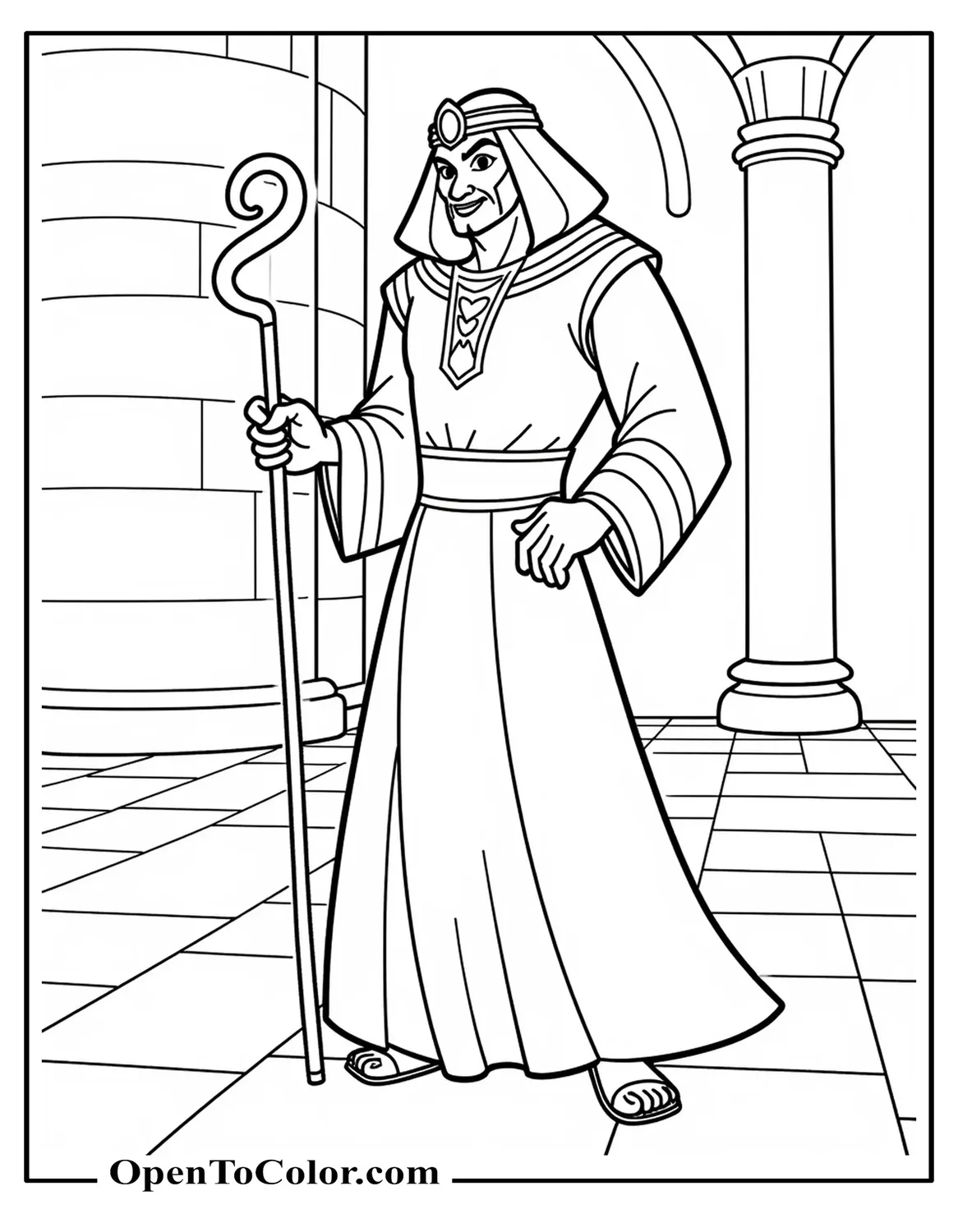 Jafar holding a serpent staff with a sly grin, palace wall behind, coloring page, printable.