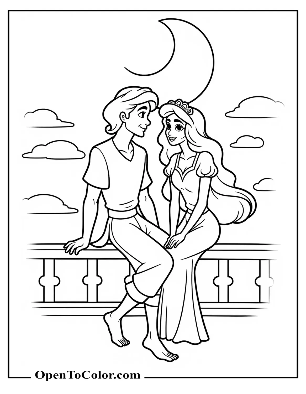 Printable coloring sheet of Aladdin and Jasmine sitting on a balcony rail with crescent moon and palace silhouette.