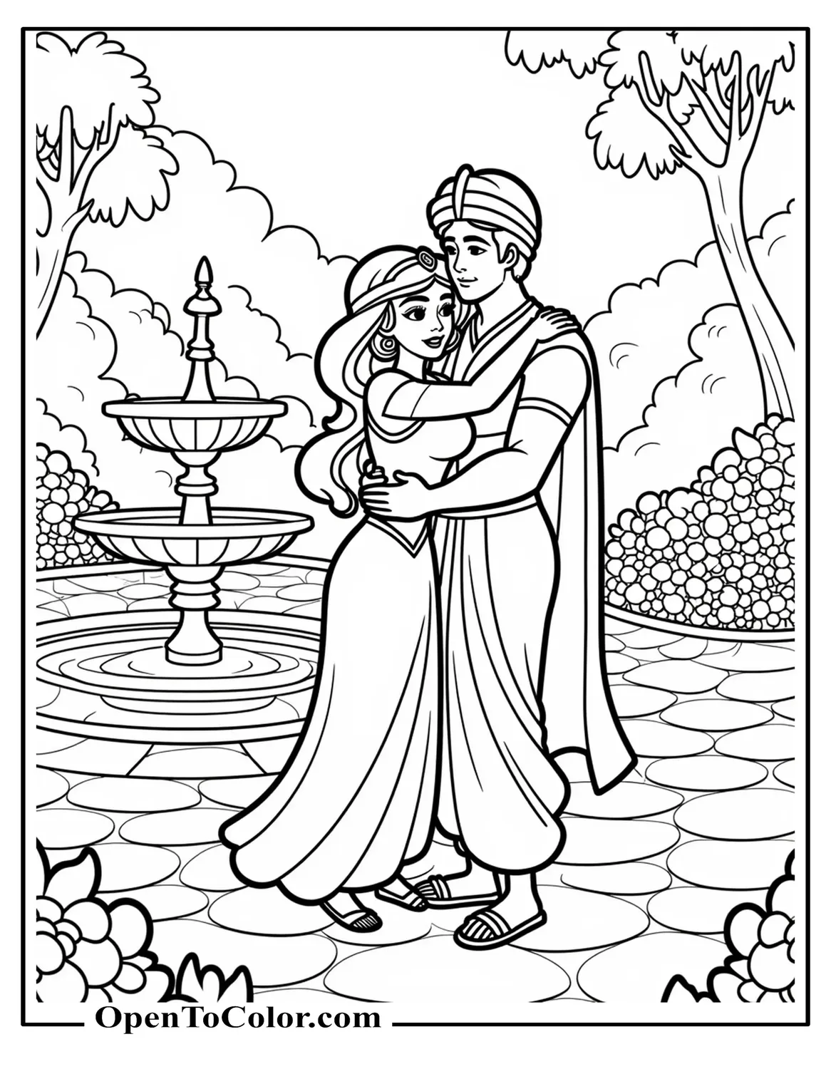 Jasmine hugging Rajah in the palace garden with a fountain outline coloring page PDF