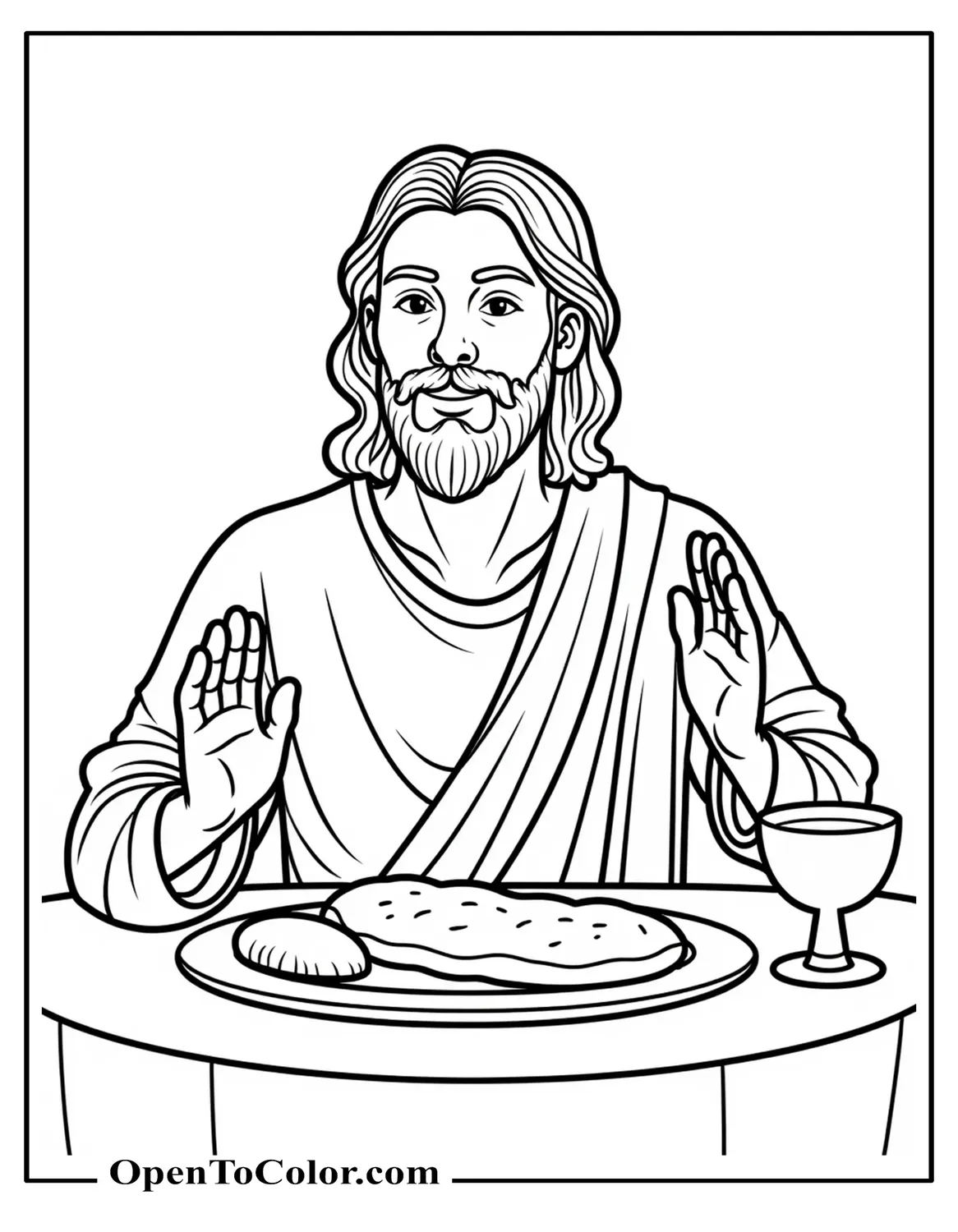 Jesus at a small table with bread and a cup, hands raised in thanks, coloring sheet PDF.