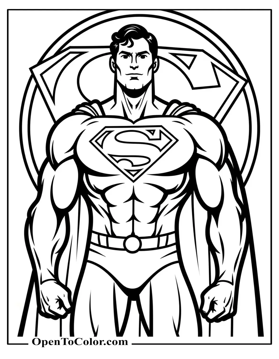 Free Coloring Sheet: Superman Front and Center with the Justice League Logo Behind Him