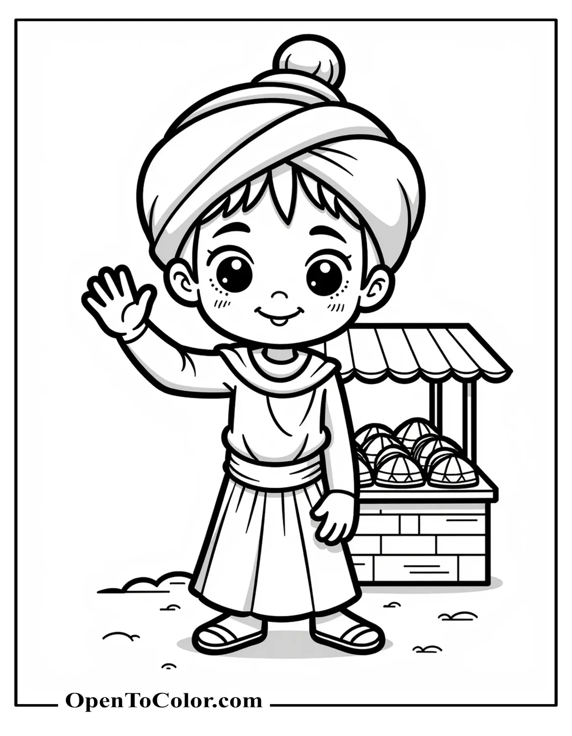 Kawaii Aladdin Waving Beside a Simple Market Stall, Big Head Small Body, Printable Coloring Sheet