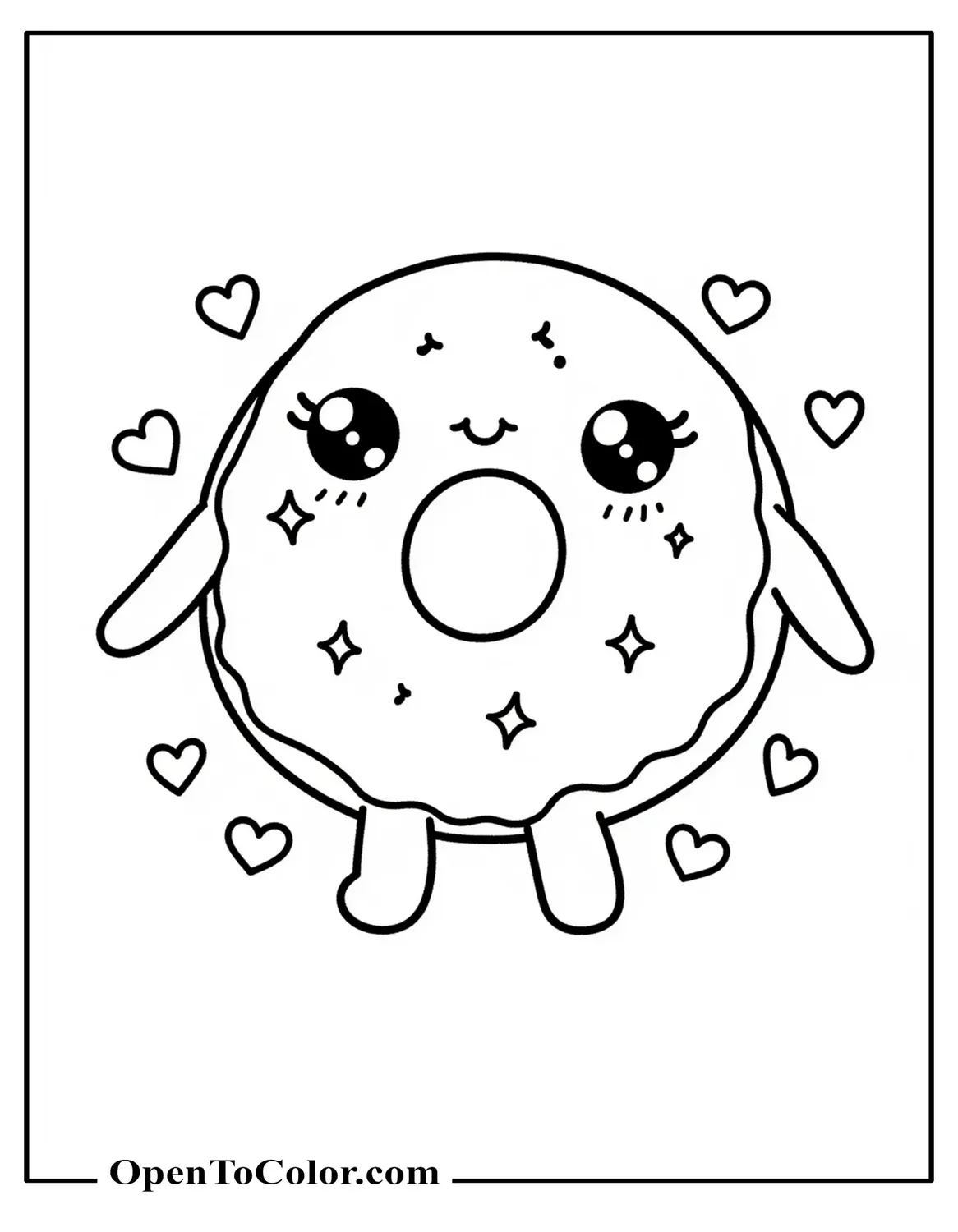 Sanrio style chibi donut coloring page with sparkle eyes, tiny hands, tiny hearts around, printable.